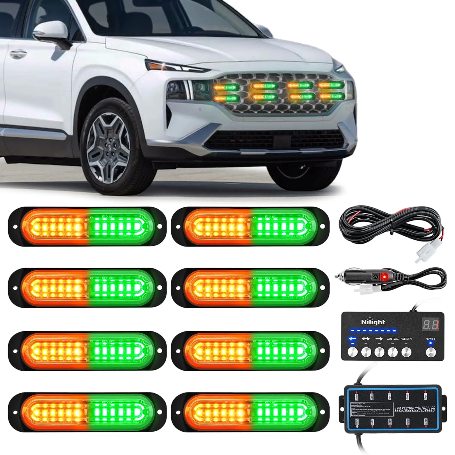 Nilight 8PCS Led Strobe Lights with Controller 12V 24V Sync Amber Green