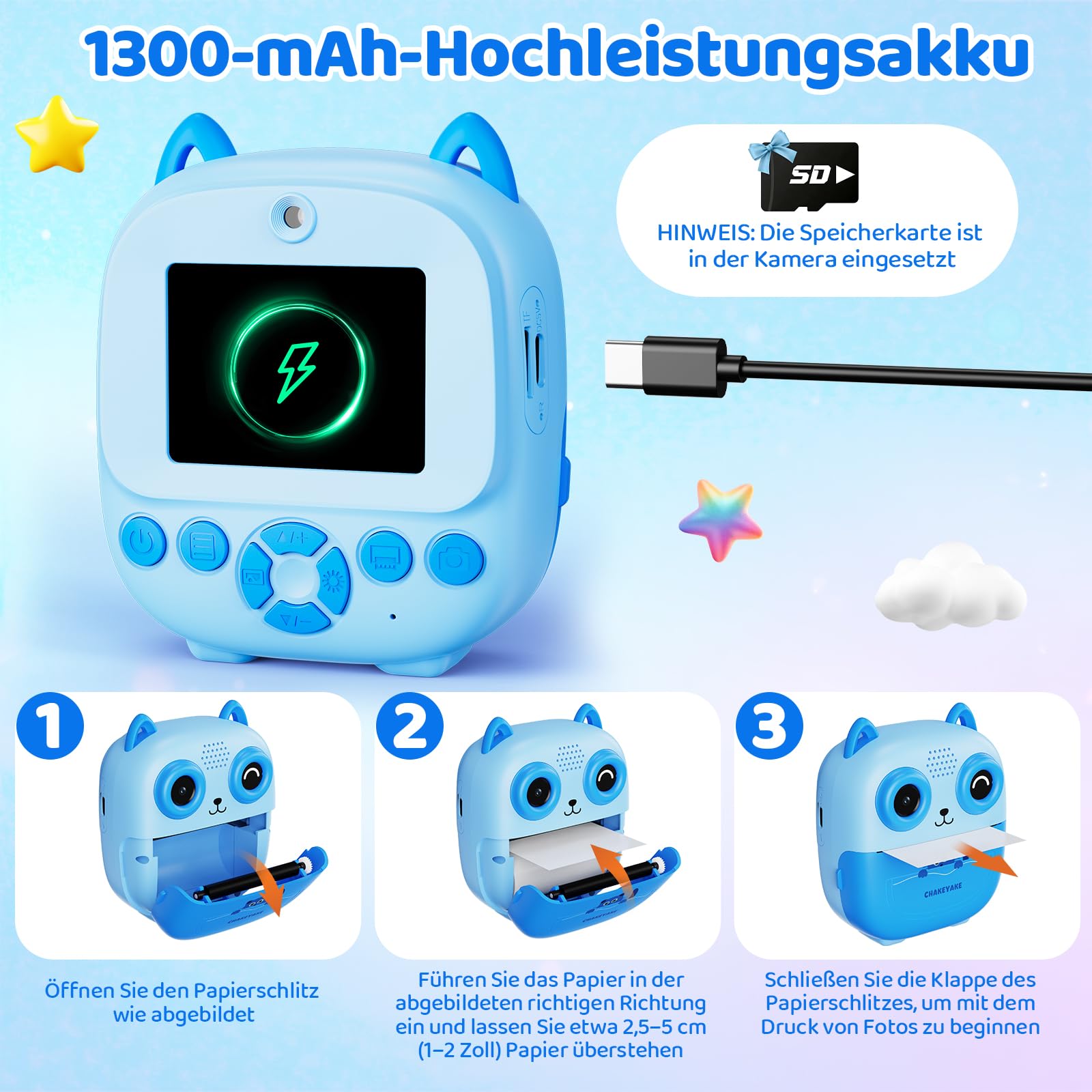 CHAKEYAKE Kinderkamera Sofortbildkamera, KI Sprachdrucker Digitalkamera mit Sprachsteuerung, Objekterkennung, Fragen & Antworten, Texterkennung, kreativen Filtern, Geschenk für Jungen und Mädchen