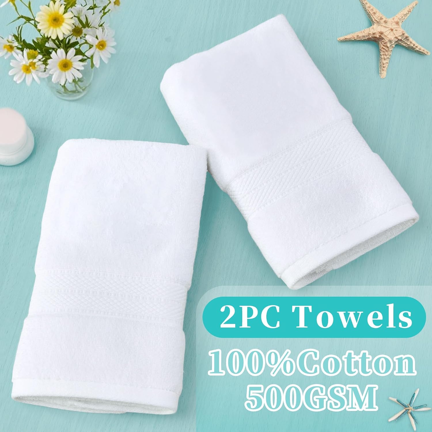 VOOVA & MOVAS White Hand Towels for Bathroom, 2Pack, 16"x30" - 100% Cotton | Quick Dry | 500GSM | Soft | Absorbent