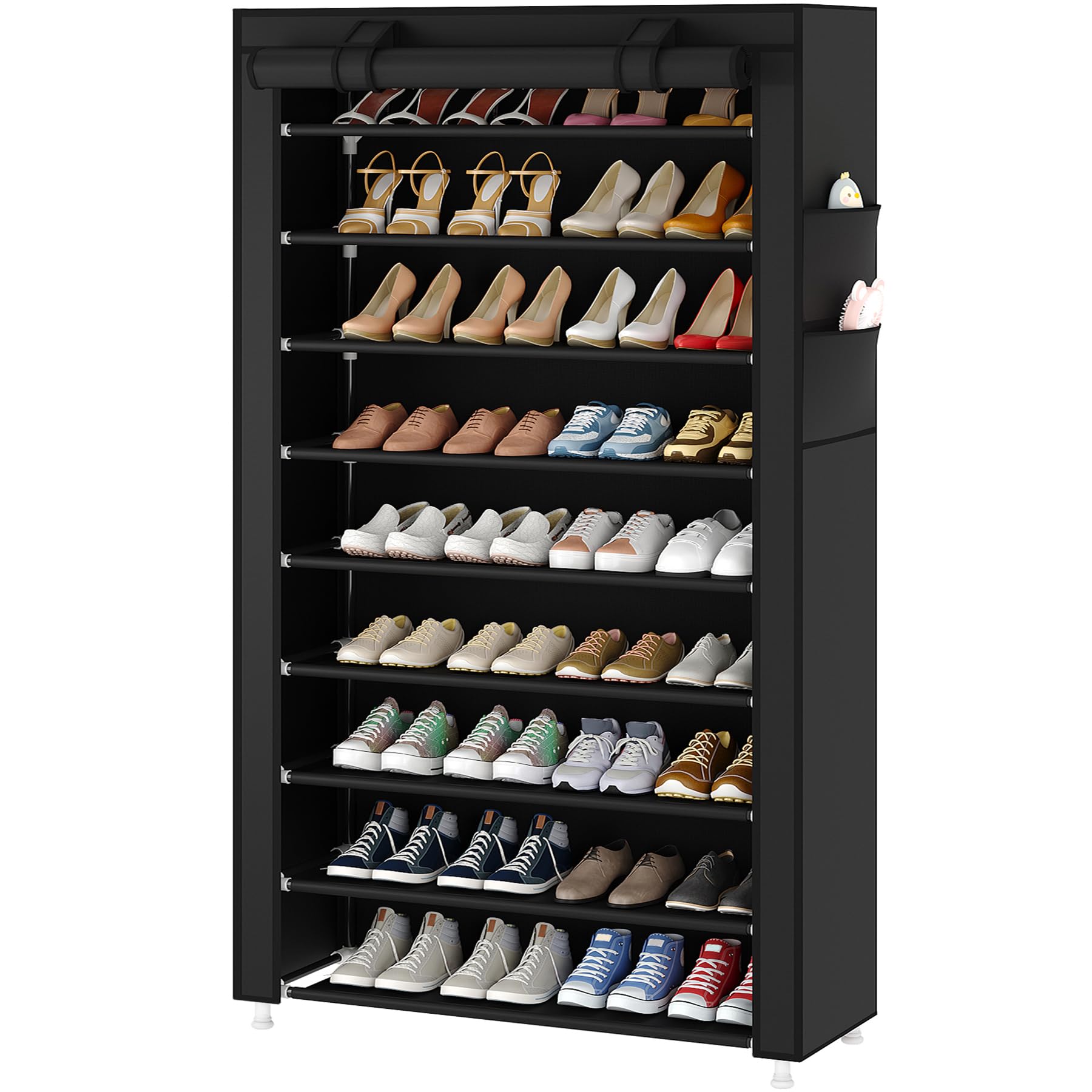 Laiensia 9-Tier Vertical Shoe Rack Organizer, Space Saving Shoe Storage Organizer, Non-Woven Cover Shoe Shelf Holds 28-35 Pairs for Bedroom, Hallway, Closet Entryway, Black