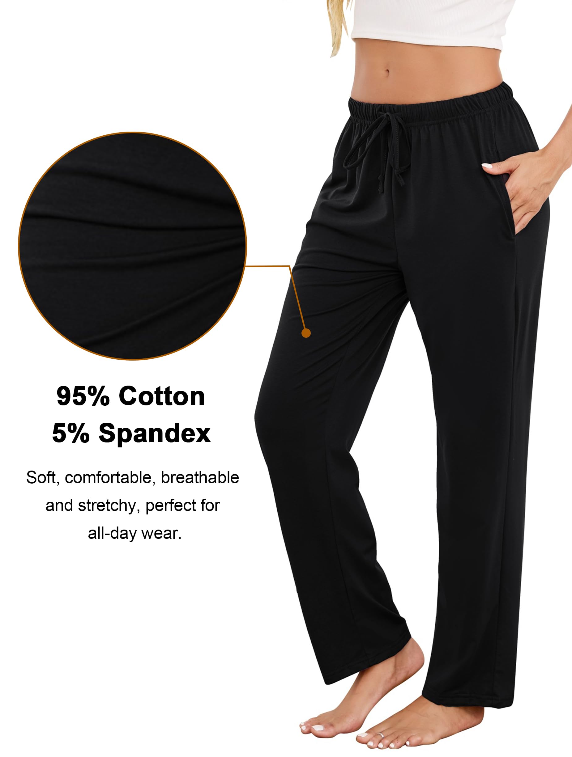 Vlazom Pantalon de Pyjama Femme Coton Bas de Pyjama à Taille Ajustable | Coton Doux et Respirant, Ceinture Élastique avec Cordon, Poches Pratiques, Coupe Droite Confortable