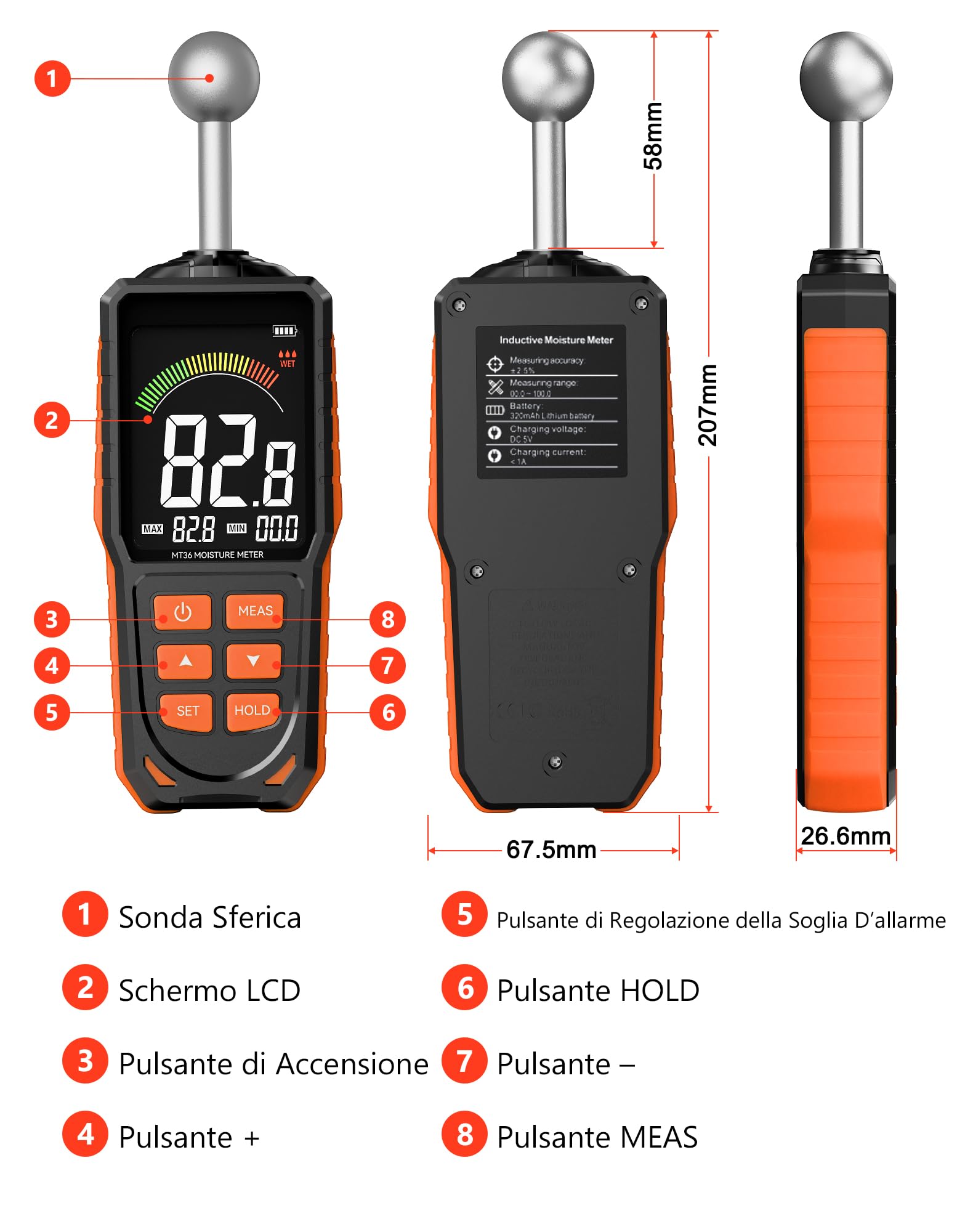 Misuratore di Umidità con Sonda Sferica, Igrometro Non Distruttivo con Display LCD Retroilluminato e Allarme, Ricaricabile USB, Profondità 5-40 mm, per Legno, Pareti e Calcestruzzo