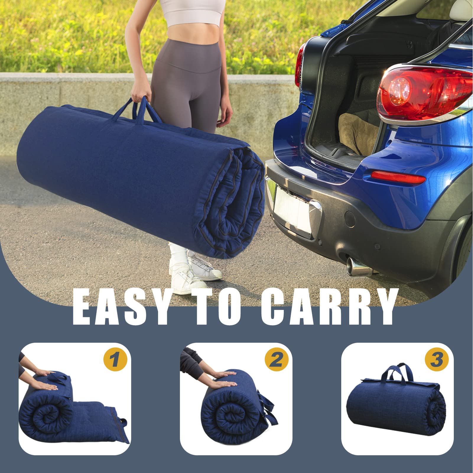 MAXYOYO Materasso futon pieghevole portatile, in tessuto ipoallergenico e memory foam, con manico e cerniera, per interni ed esterni, campeggio, auto, ospiti