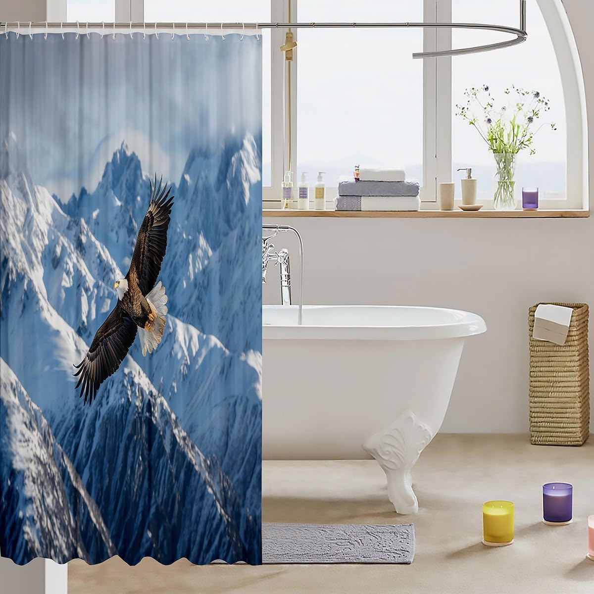 Feelyou Eagle Shower Curtain 72"x84" Snow Mountain Bathroom Shower Curtain Set Flying Eagle Bath Curtain Sky Blue Kids Bathroom Accessories