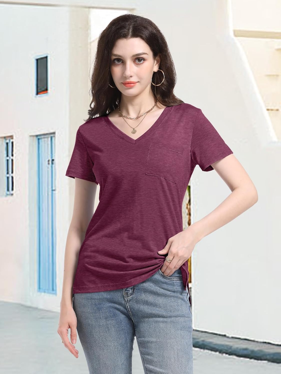 PGANDS Women's Summer Tops V Neck Short Sleeve T Shirts Casual Basic Loose Fit Tee - Image 2