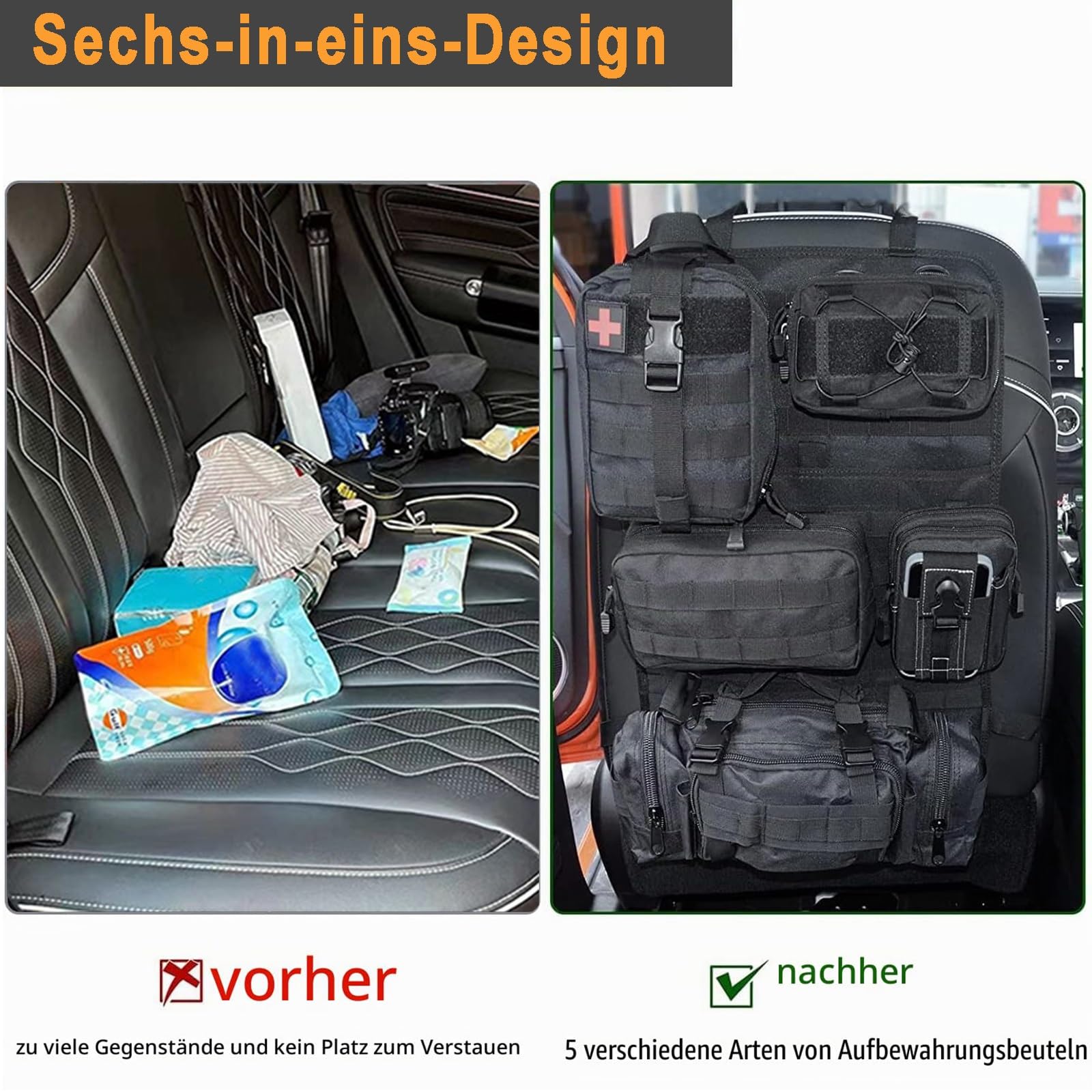 6-in-1 Tasca Tattica per Sedile Posteriore, Multifunzione per Auto | Pannello MOLLE Auto, 5 Tasche Rimovibili, Grande Organizzatore Posteriore per Tutti - Tieni in Ordine.(Brown)