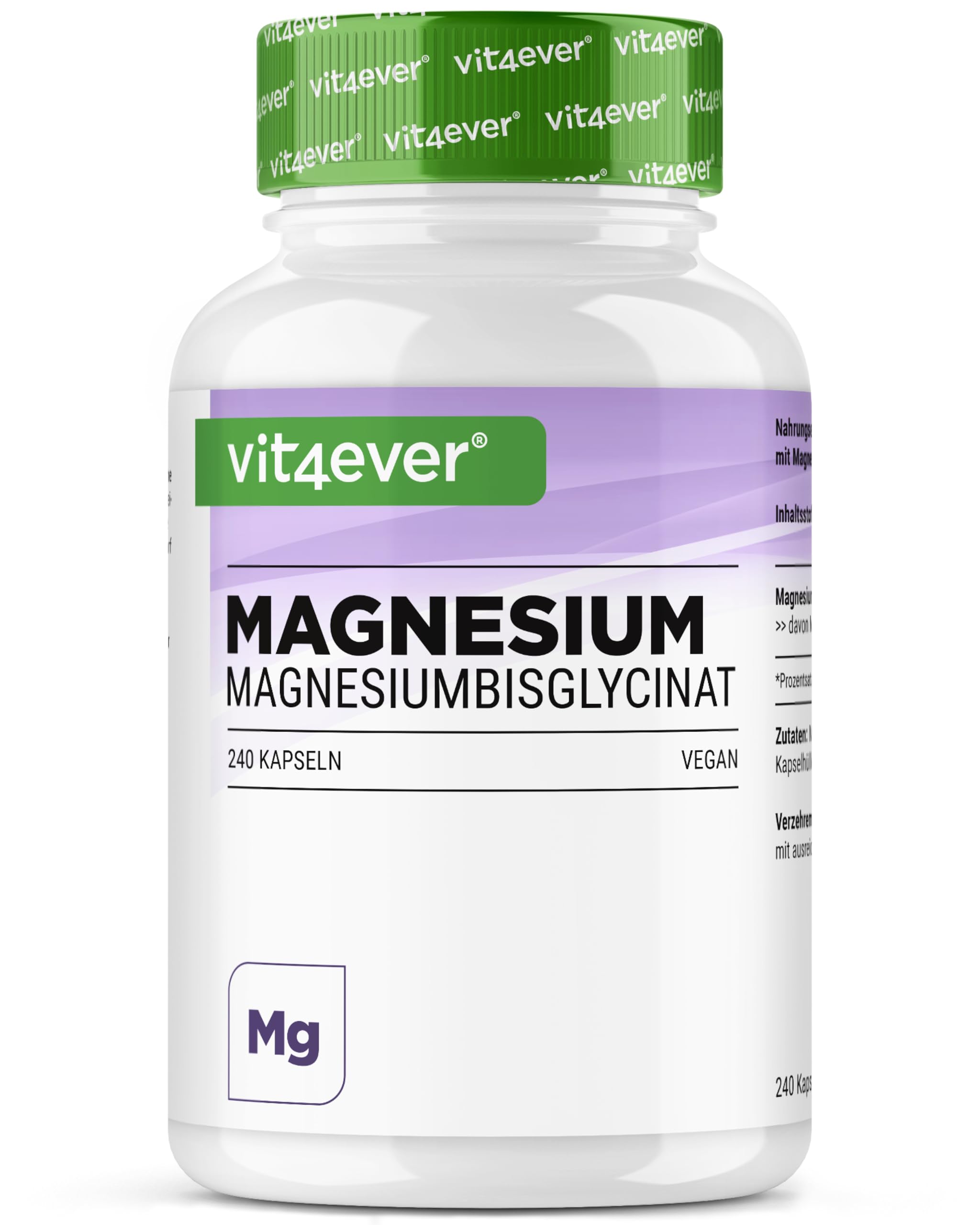vit4ever Magnesiumbisglycinat - 240 Kapseln - 300mg elementares Magnesium pro Tagesdosis - Premium: Chelatiertes Magnesium - Laborgeprüft, vegan, hochdosiert