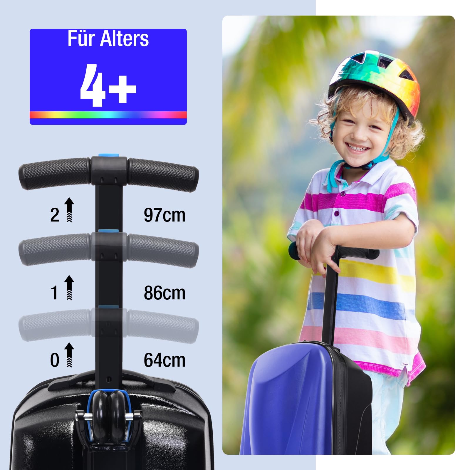 Icoget Maleta para patinete infantil 2 en 1 de viaje, maleta plegable de mano con 3 ruedas, color azul