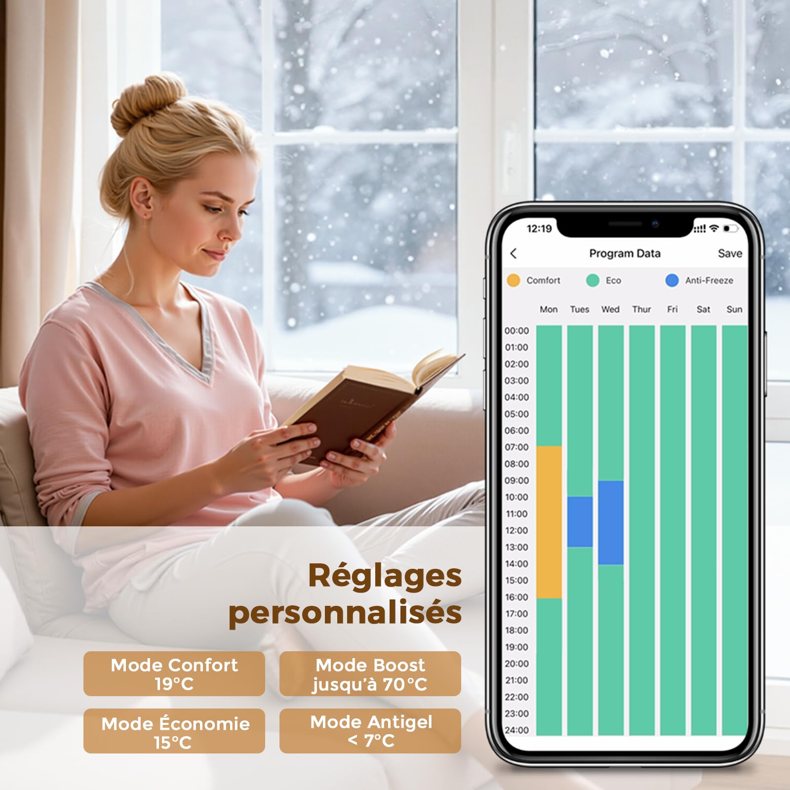 S'AFIELINA Élément chauffant pour radiateur 600W WiFi thermostat Blanc | Résistance sèche-serviette en inox avec thermostat, écran LCD et programmation hebdomadaire pour radiateur salle de bain