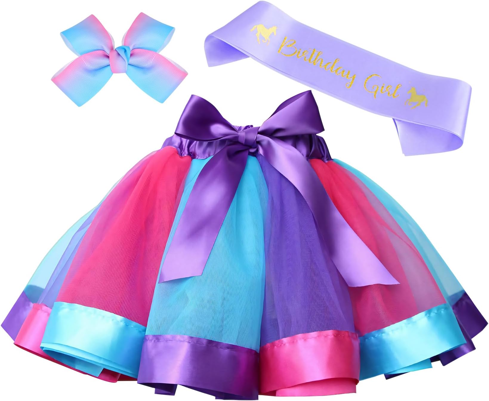 Toycost Layered Rainbow Tutu Skirt Costumes Set with Hair Bows Clips and Satin Sash for Girls Birthday Party Dress up (Purple/Blue/Rose Rainbow, M,2t~4t)