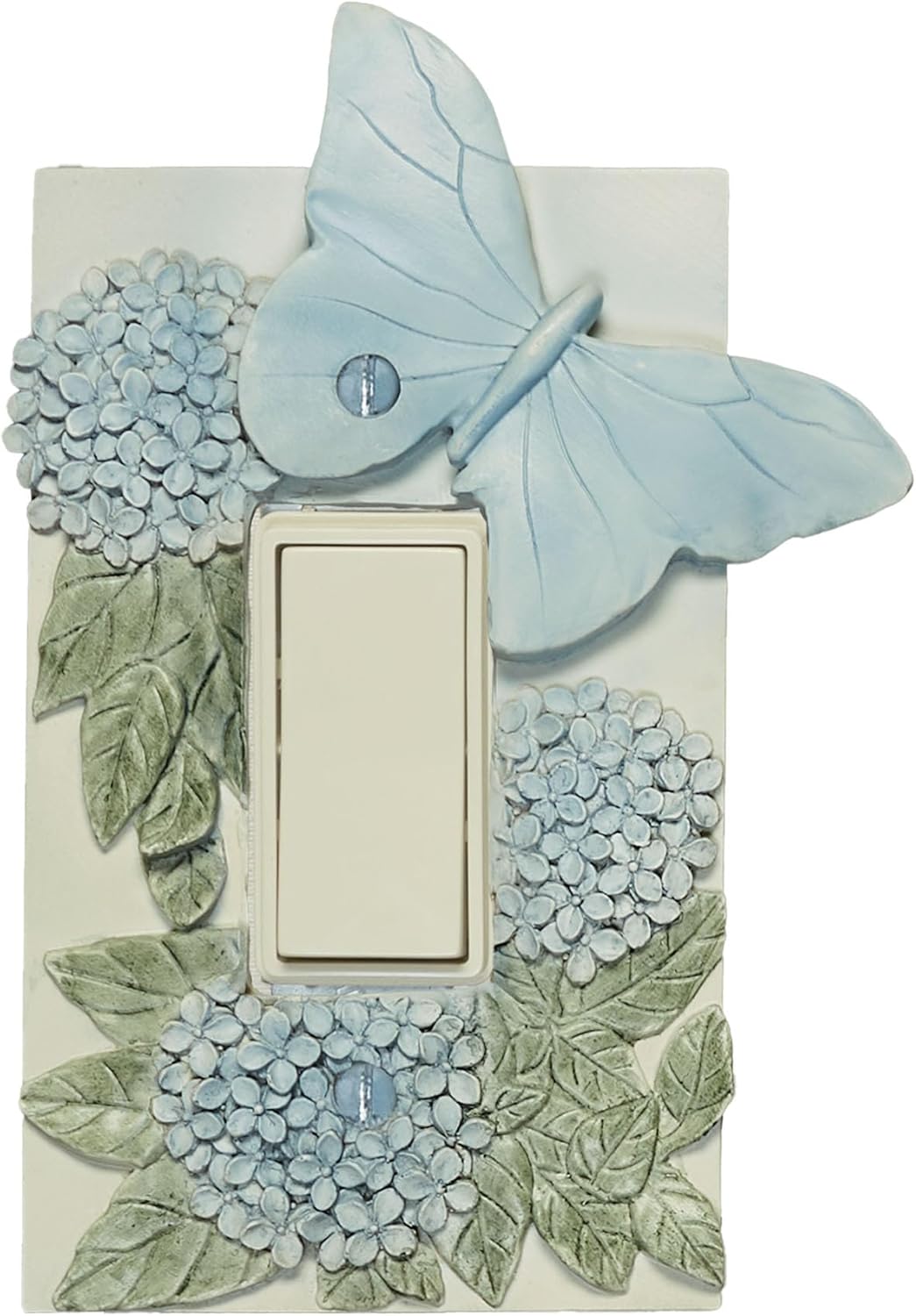 Butterfly In Bloom Lighting Switchplate | Pastel Blue | 1-Gang Single Outlet (2 Socket Plug-Ins) Cover | Handpainted Butterflies & Hydrangea Flowers on Vintage White | Color-Match Hardware Included