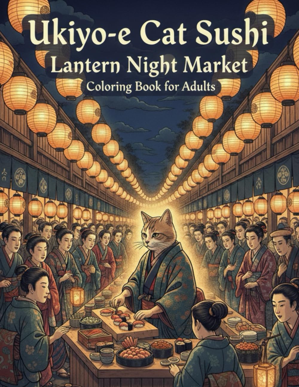 Ukiyo-e Cat Sushi: Lantern Night Market: A Tranquil Japanese Night Festival Coloring Book for Adults