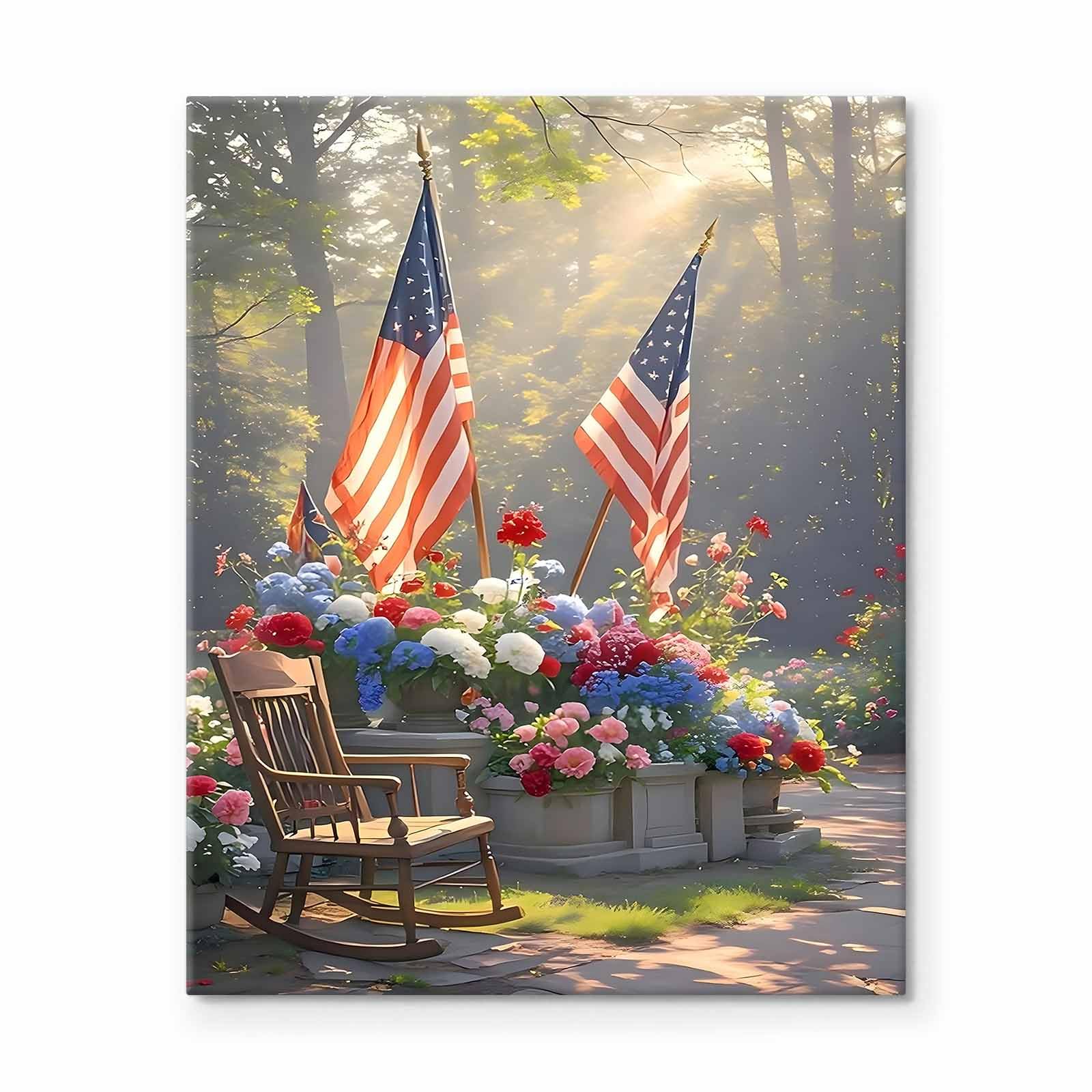 Sunwes Memorial Day Canvas Wall Art, American Flag Rocking Chair and Morning Sunlight with Patriotic Flowers Print, Veterans Day Remembrance Wall Painting for Porch or Living Room 8x10inch