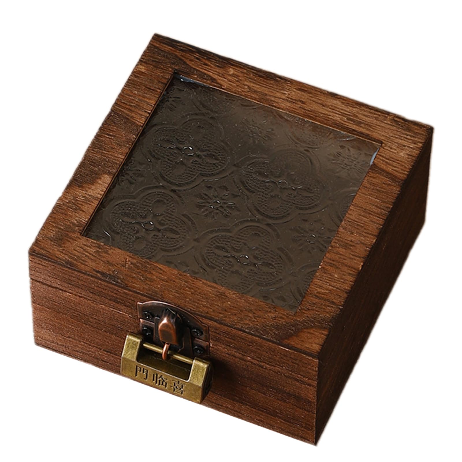 Woedpez Begonia Pattern Jewelry Organiser with Glass Lid and Wooden Frame Storage Box for Vanity Table Decoration Spacious Jewelry Display Box