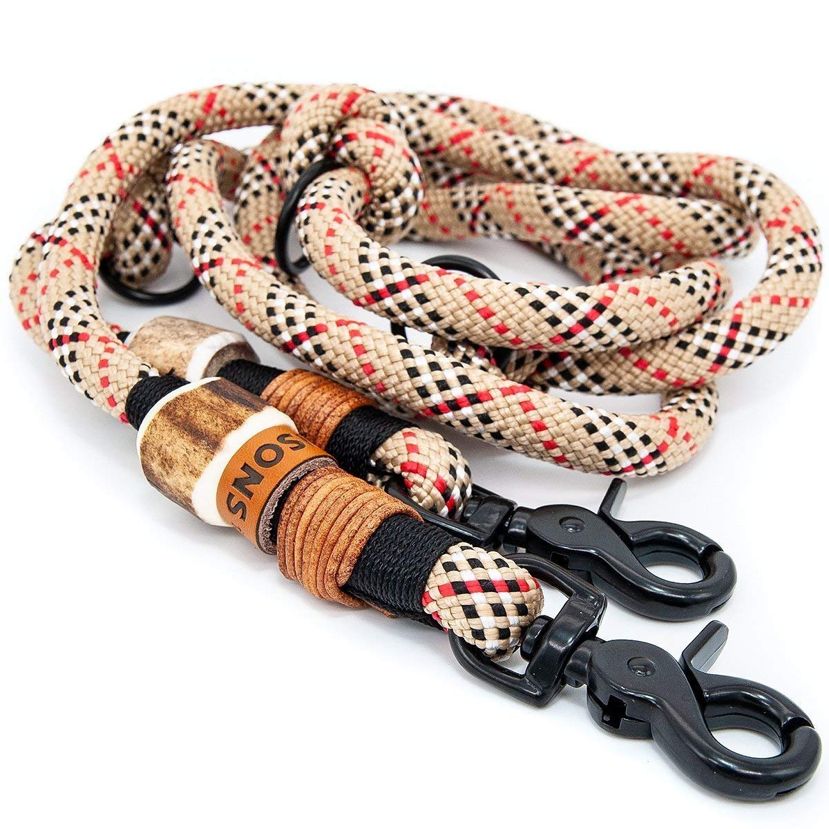 Hundeleine/Führleine aus Tau mit Karabiner & echtem Hirschhorn Ø10mm | 3fach verstellbar | Doppel-Leine | Umhängeleine | robust & wetterfest | Top Handmade-Quality