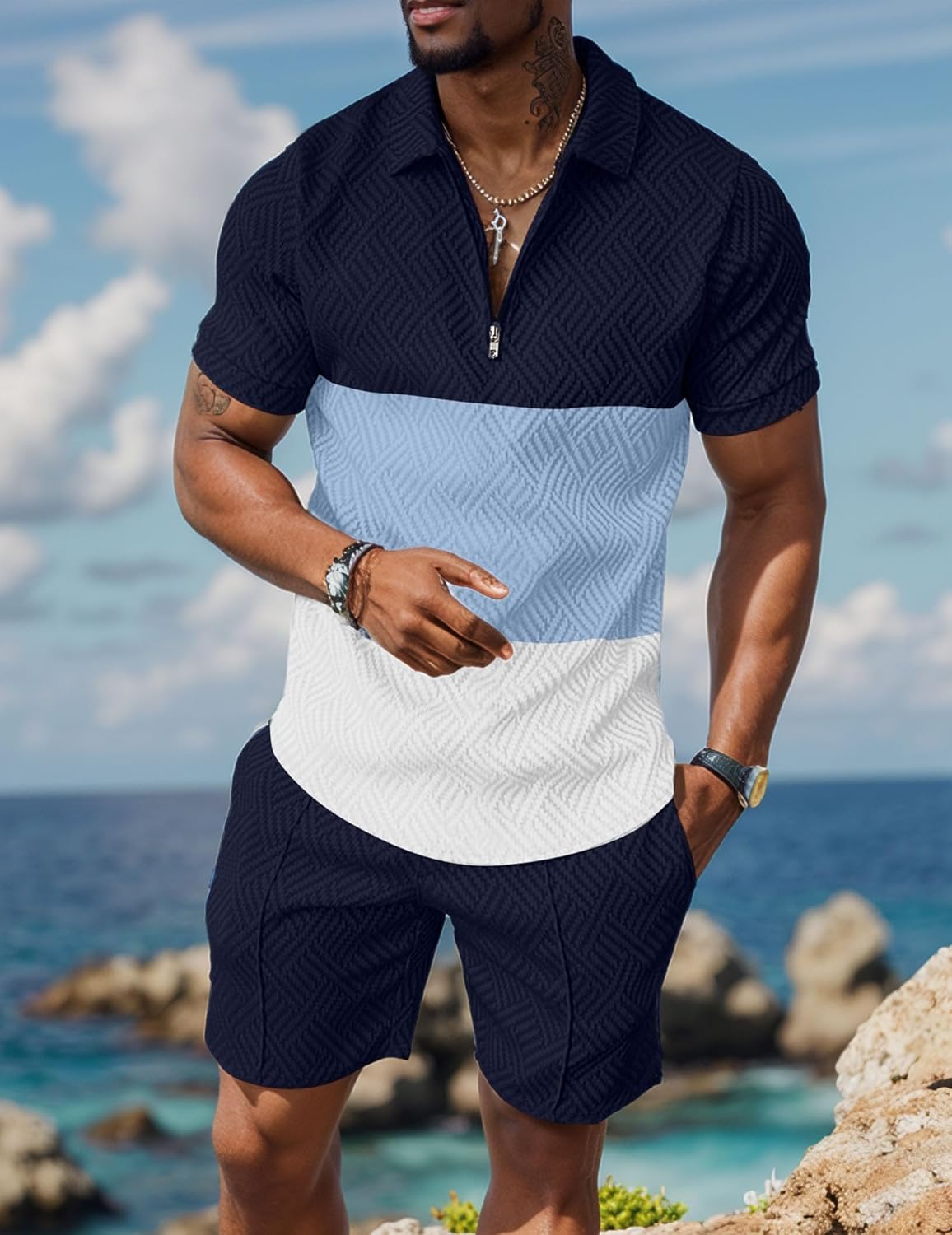 UOUA Mens Summer Track Suits 2 Piece Shorts Sets Short Sleeve Sweatsuit Outfits 1/4 Zip Golf Polo Splicing Striped Shirts - Image 3