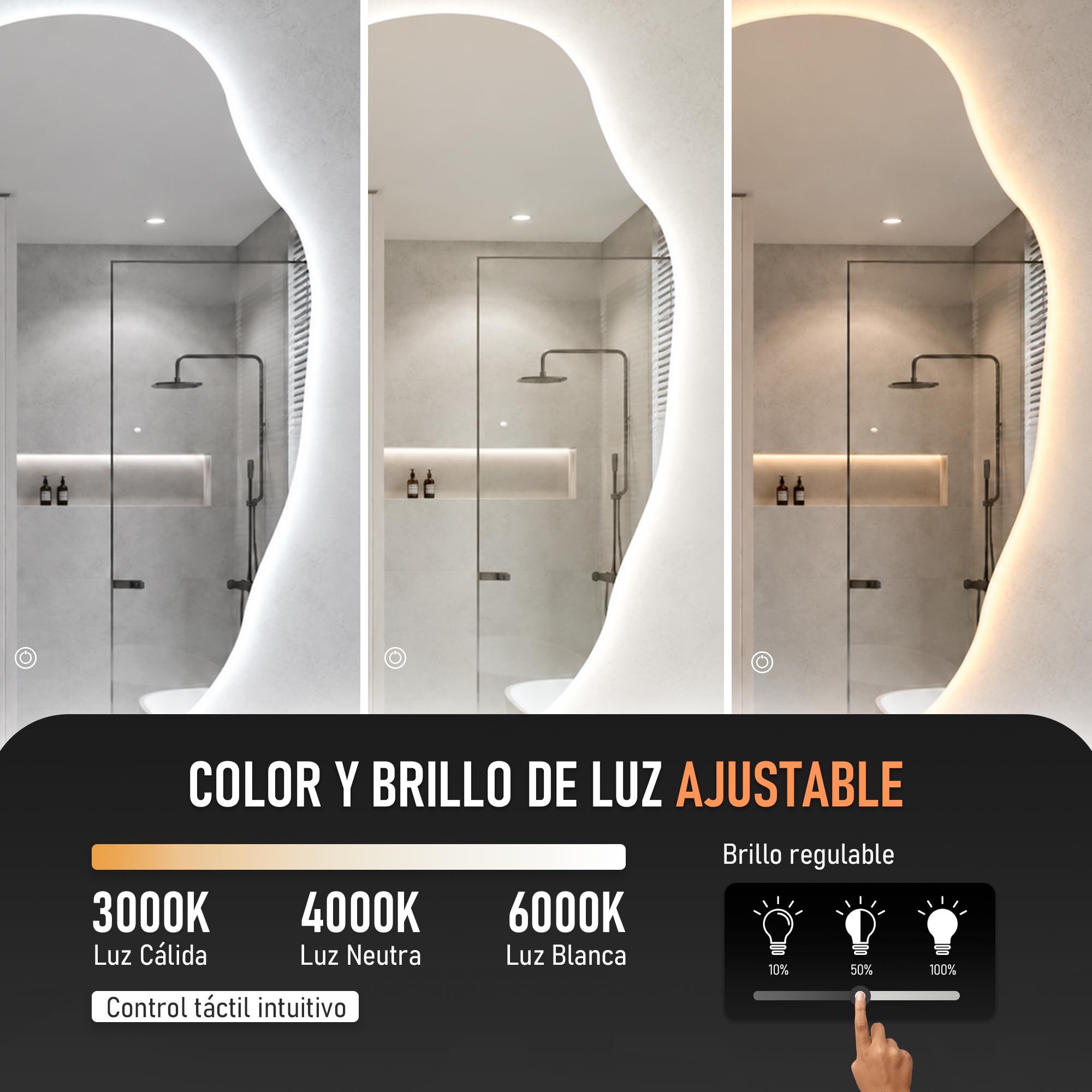 Espejo LED con Antivaho y Control Táctil, 50 x 70 cm (Irregular) | Luz Cálida, Neutra y Fría, Brillo Regulable, Memoria, Apto para Ambientes Húmedos, Enchufe y Tornillos Incluidos