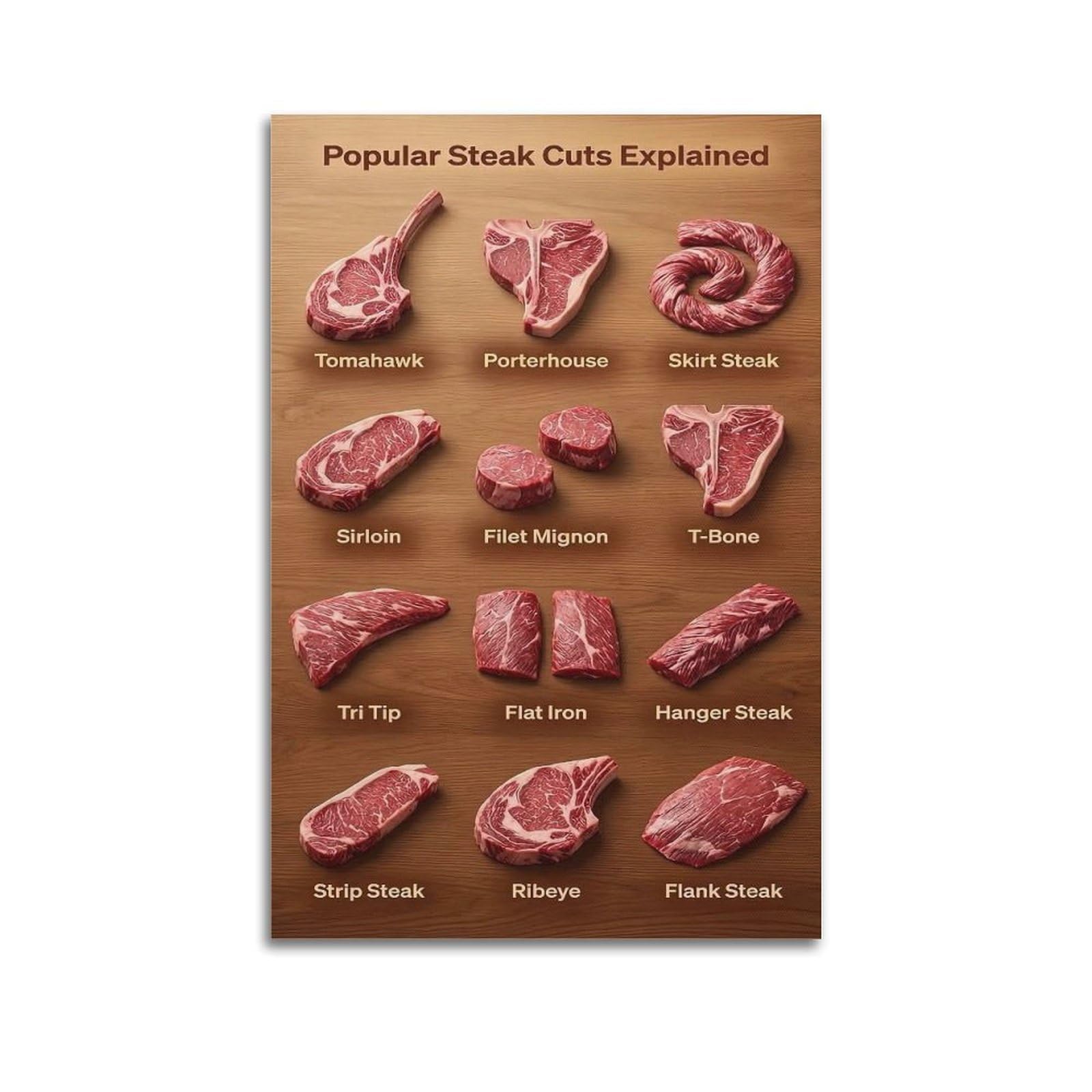 OKAHYS Popular Steak Cuts Explained Artwork Poster Decorative Painting Canvas Wall Artworks Picture 20x30inch(50x75cm)