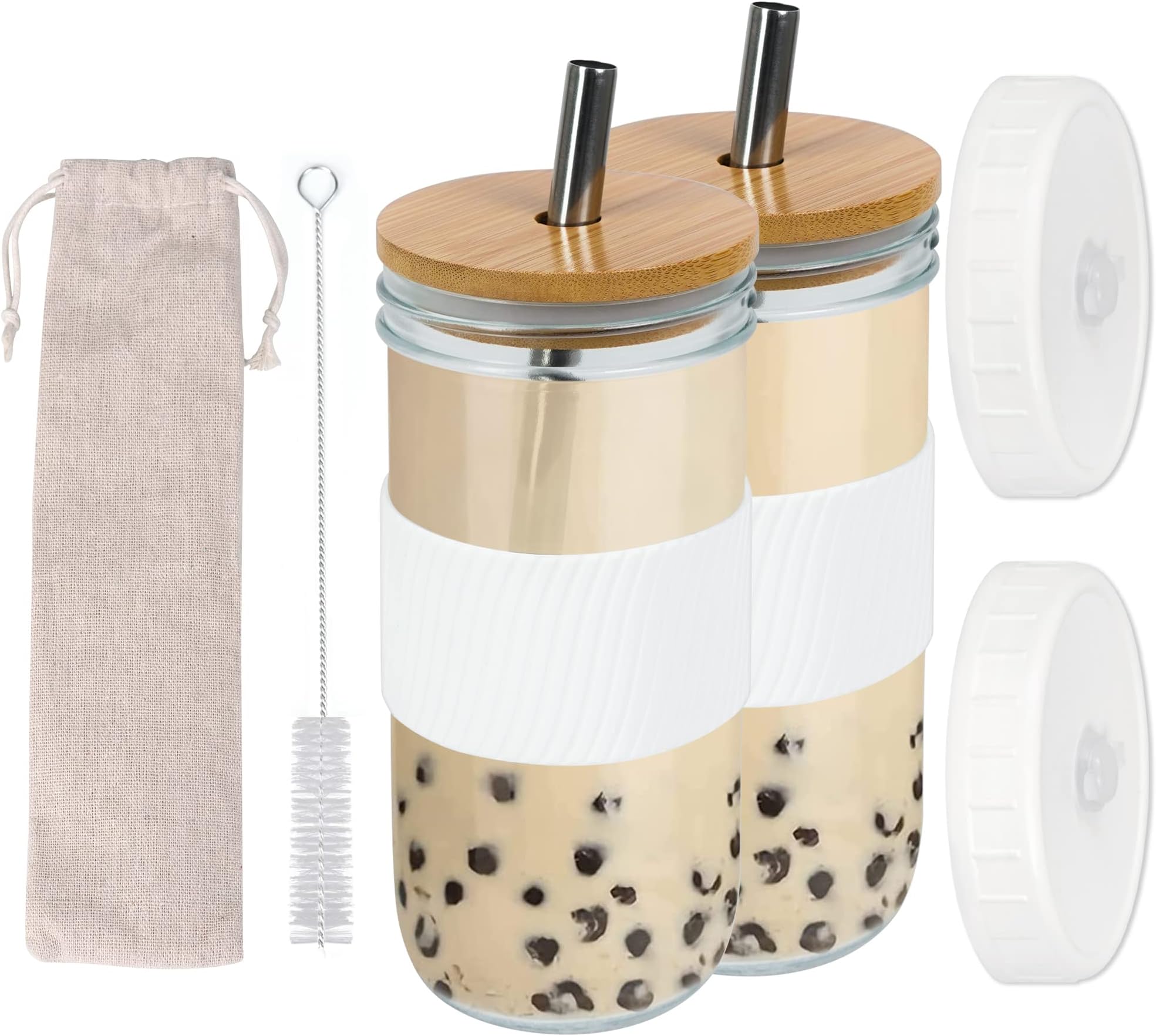 MAKBEN 2 Pack Reusable Boba Cup Bubble Tea Cup, 24 oz Boba Cups and Lids and Straw, Iced Coffee Cups Silicone Sleeves, Leakproof Travel Smoothie Cup for Large Boba Pearl (White)