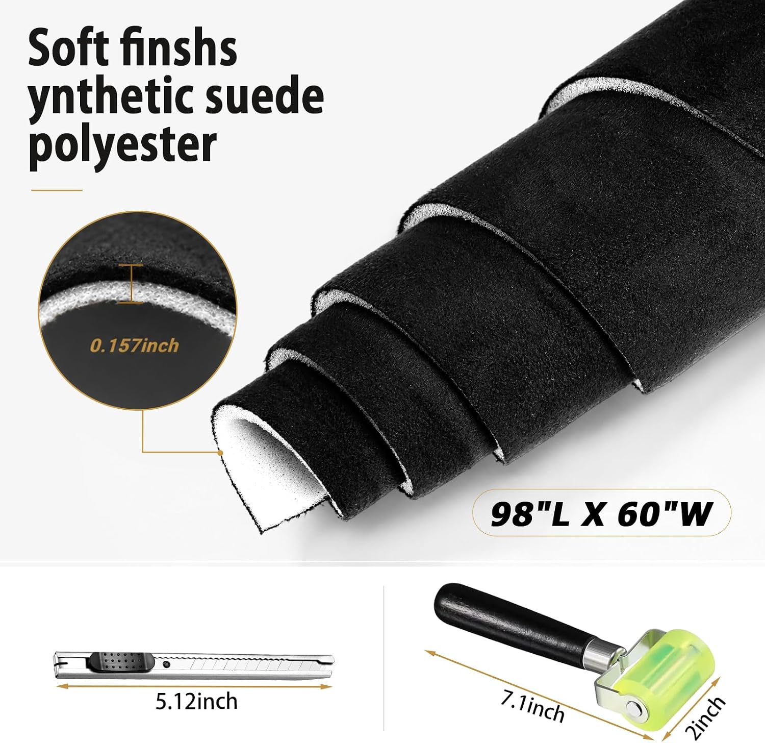 DGSL Suede Headliner Fabric 98" L×60" W with Foam Backing -Black Suede Headliner Interior Replacement Material Rubber Roller Utility Knife for Car, SUV, Pickup, RV Interior Repair DIY