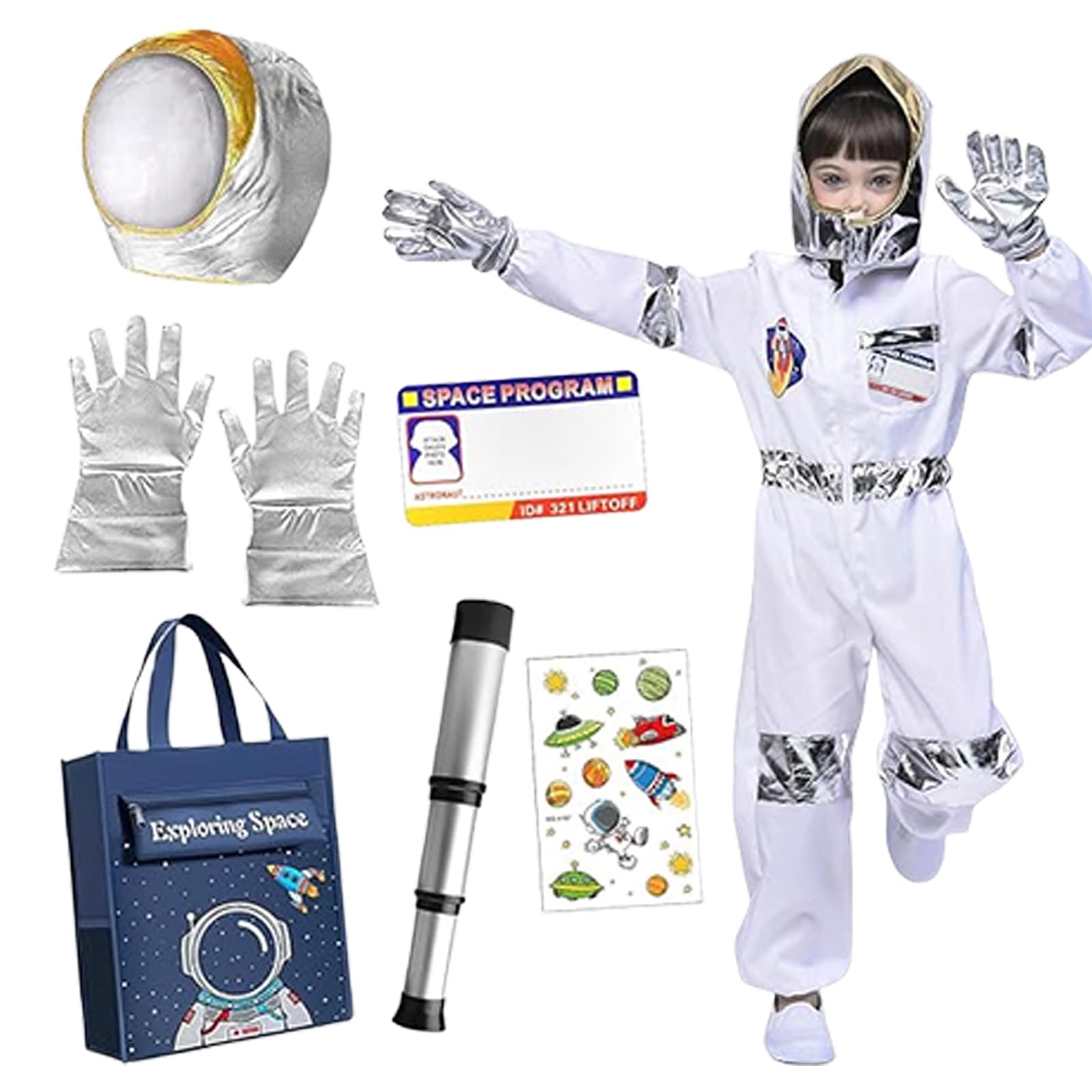 Astronaut Costume Kids, Costumes for World Book Day, 8 Pcs Space Costume With Astronaut Helmet Bag And Gloves, Space Adventure Costume or Carnival Cosplay Party Role Play for Children Boys Girls (L)