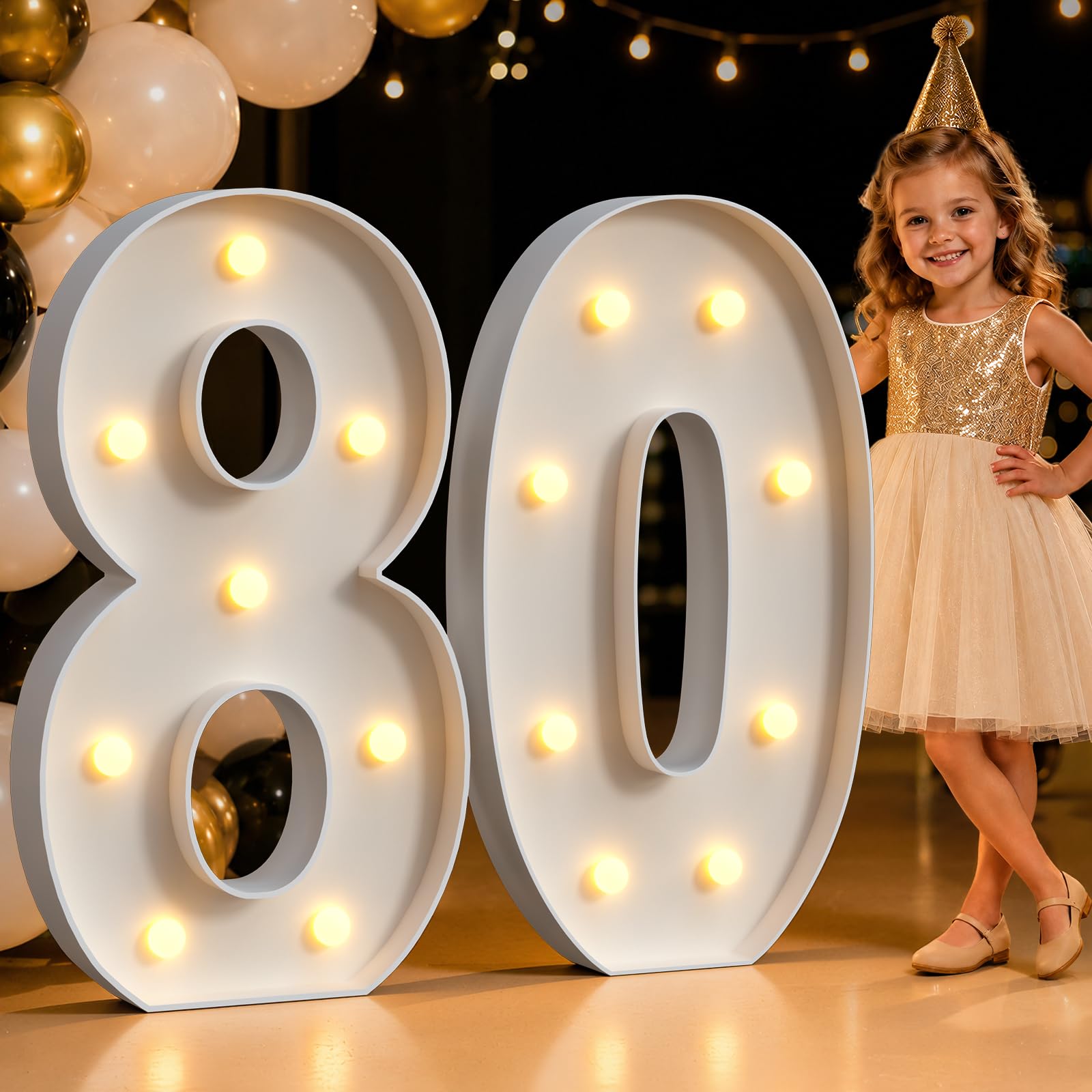 Mixifox Número 80 de marquesina de 3 pies, números grandes iluminados para decoraciones de cumpleaños 80, marco de globo de mosaico grande para niñas de 80 años, decoración de aniversario