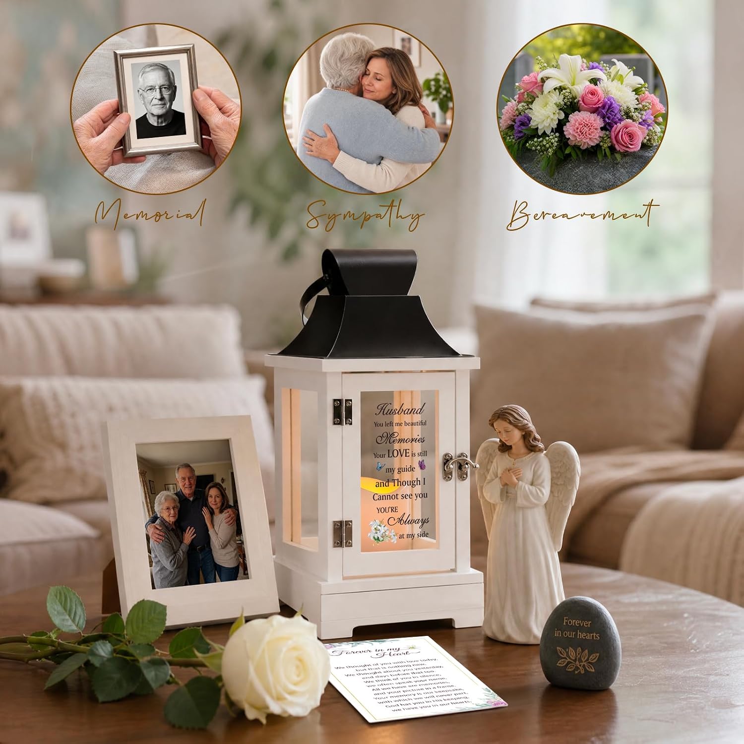 Memorial Lantern with Keepsake Drawer,Sympathy Gift for Loss of Loved One, Wooden Remembrance Lantern with Remote Flickering LED Candle & Condolence Card, Memorial Gifts for Loss of Husband,Black