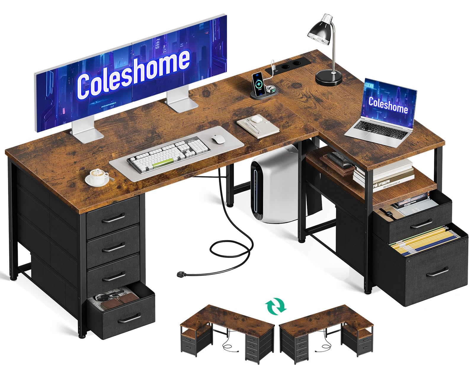 Coleshome Escritorio Esquinero con Cajones de Tela, Reversible Escritorio en L con CajóN para Archivos, Escritorio para Computadora con Puerto de Carga USB y Toma de Corriente (Marrón, 140x70cm)