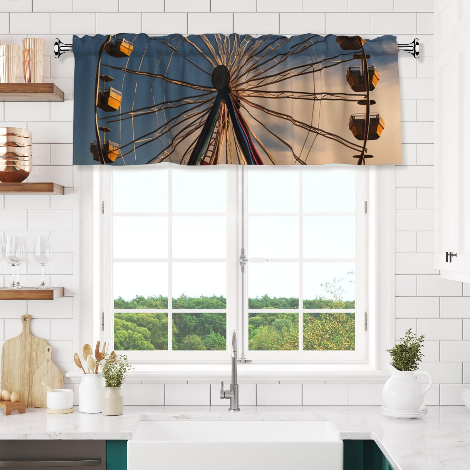 NONHAI Ferris Wheel Valances for Windows Short Curtains Rod Pocket Cafe Window Treatments Valance Curtains for Kitchen Bathroom Laundry Basement Windows 54x18inch Blackout Window Valance