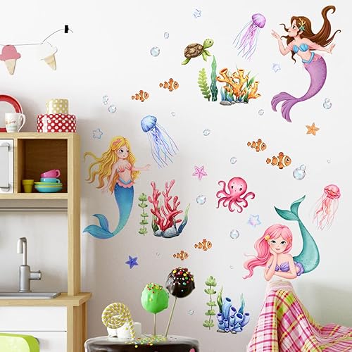 Miniatura 6 de Pegatinas de pared de sirena, peces de océano, calcomanías de pared de medusas, coral, bajo el mar, animales, papel tapiz para niñas, dormitorio,