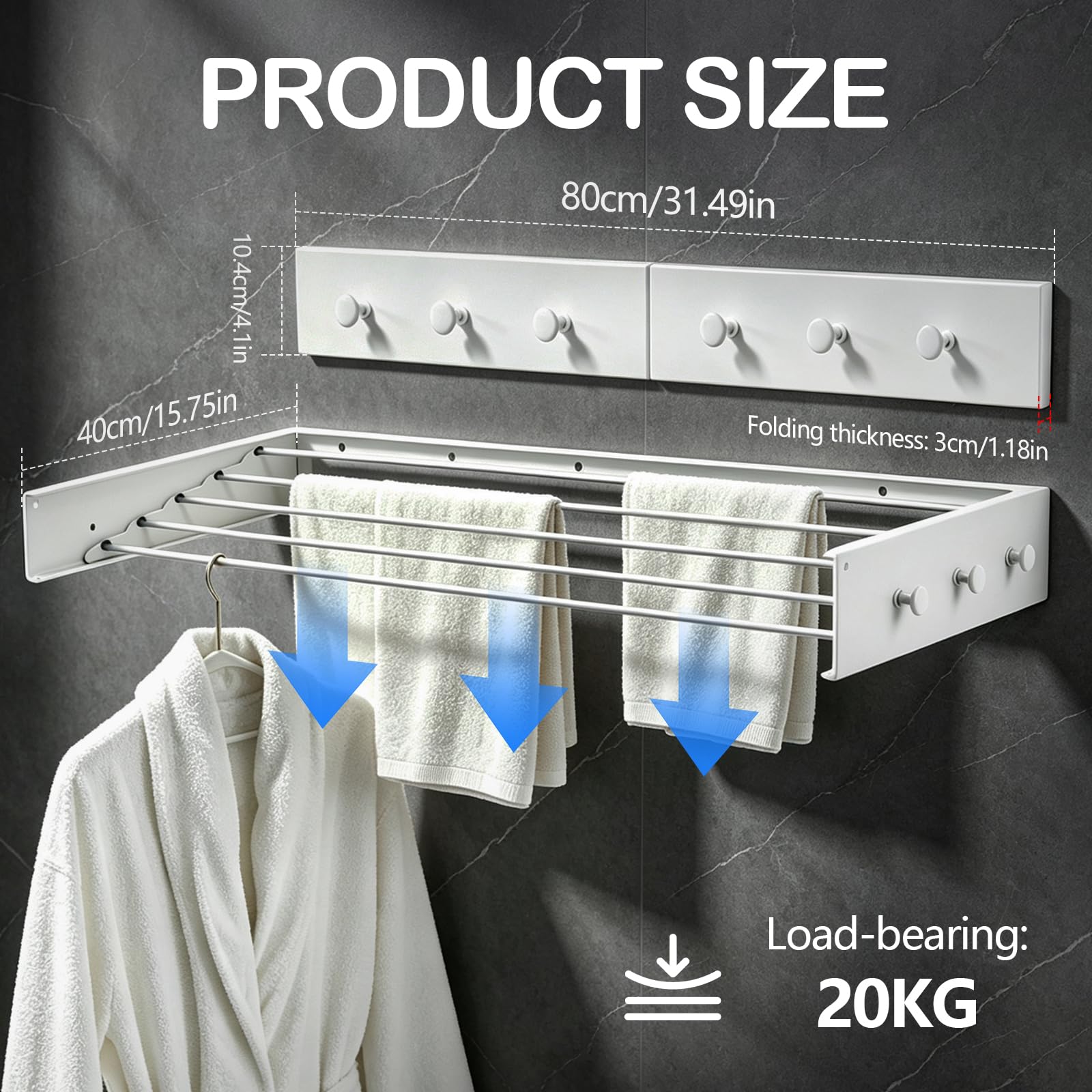 Stendibiancheria Estensibile Da Parete Da 80cm Con 6 Ganci Stendibiancheria In Alluminio Per Balcone Bagno O Termosifone Invisibile E Salvaspazio Supporta Fino A 30 Kg Bianco