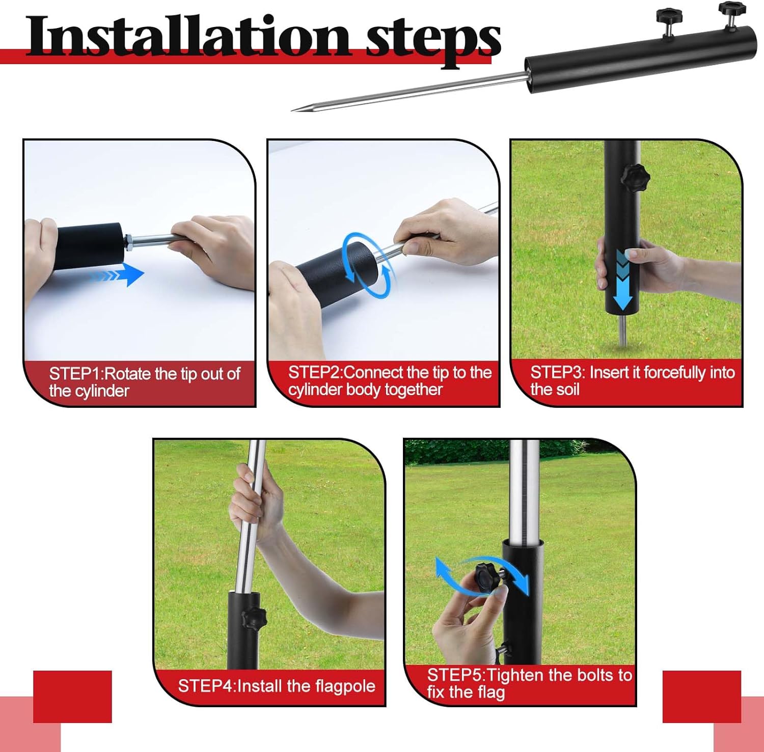 Wenfan Ground Mount for Portable Flagpole, Flag Poles for Outside House, 12 Inch Flag Spike with 12" Extended Tip Adjustable Inground Flagpole Ground Stake 1.65" Dia Beach Flagpole Holder, Black - Image 8