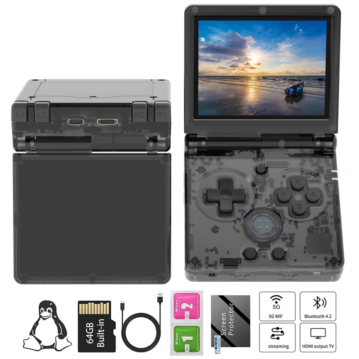 RG35XXSP - Console di gioco portatile retrò, schermo IPS da 3,5", scheda TF da 64 GB con oltre 5500 giochi, batteria da 3300 mAh, supporto WiFi Bluetooth HD (nero trasparente)