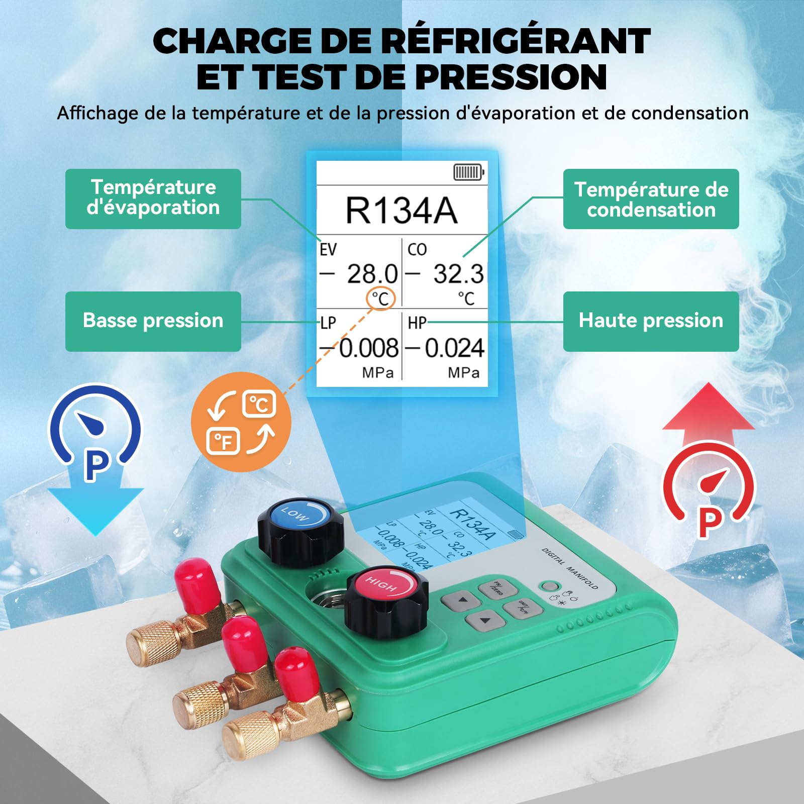 Kit Recharge Climatisation Voiture Digitale HVAC Manifold Gauge Manometer pour Charger 93 Réfrigérants R134A R410A R32