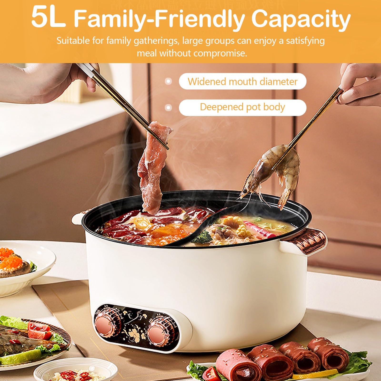Appareil a Fondue, Fondue Chinoise 5 L à avec Compartiments Rechaud Electrique Pot 1 350 W avec 3 Réglages de Puissance pour Cuire des Fondues Préparer des Soupes Faire Bouillir des Nouilles