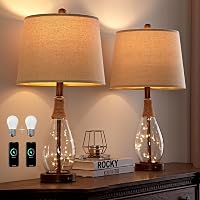 OYEARS Set of 2 Bedside Table Lamps with USB Ports & Fairy Night Lights - Retro Farmhouse Rattan Glass Nightstand Lamps for Bedroom Living Room