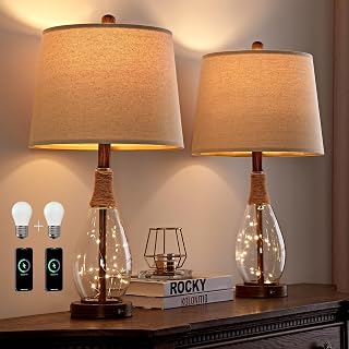 OYEARS Set of 2 Bedside Table Lamps with USB Ports & Fairy Night Lights - Retro Farmhouse Rattan Glass Nightstand Lamps for Bedroom Living Room