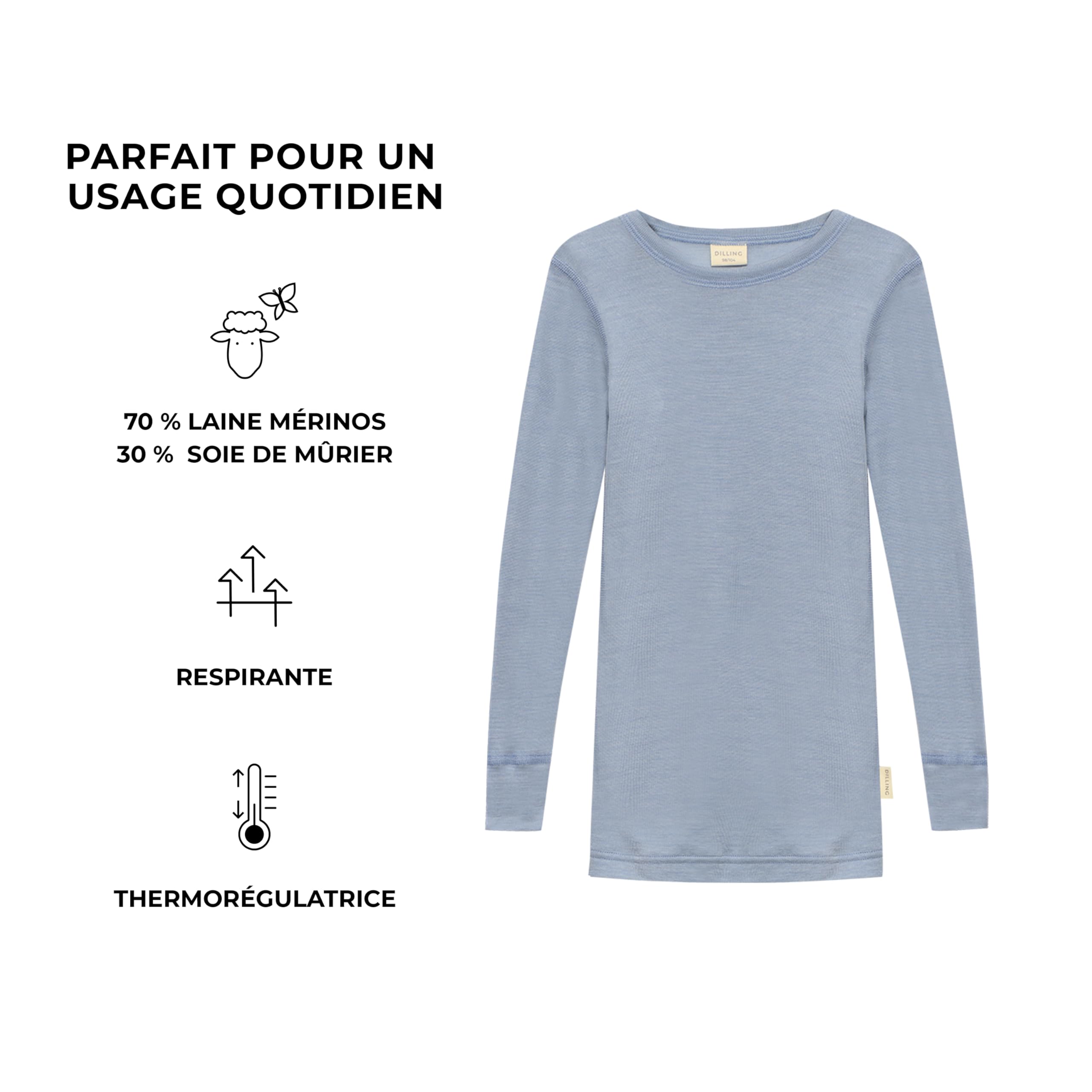DILLING T-Shirt à Manches Longues en Laine mérinos et Soie pour Enfant