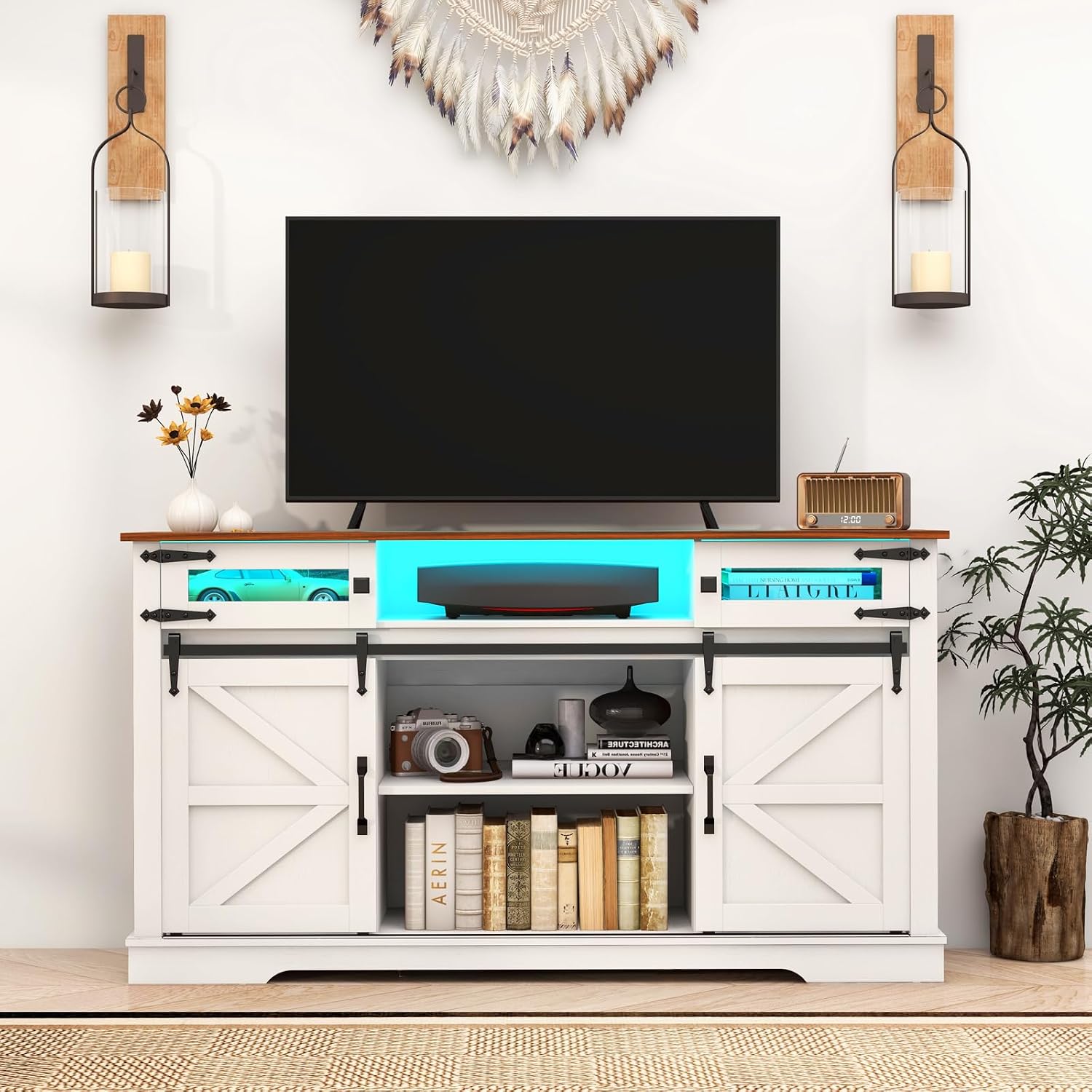 Livofloral Farmhouse TV Stand for 65+ Inch TV, 33" Tall Entertainment Center with LED Lights and Sliding Barn Doors, Media Console Cabinet with Storage Cabinet and Open Shelves for Living Room