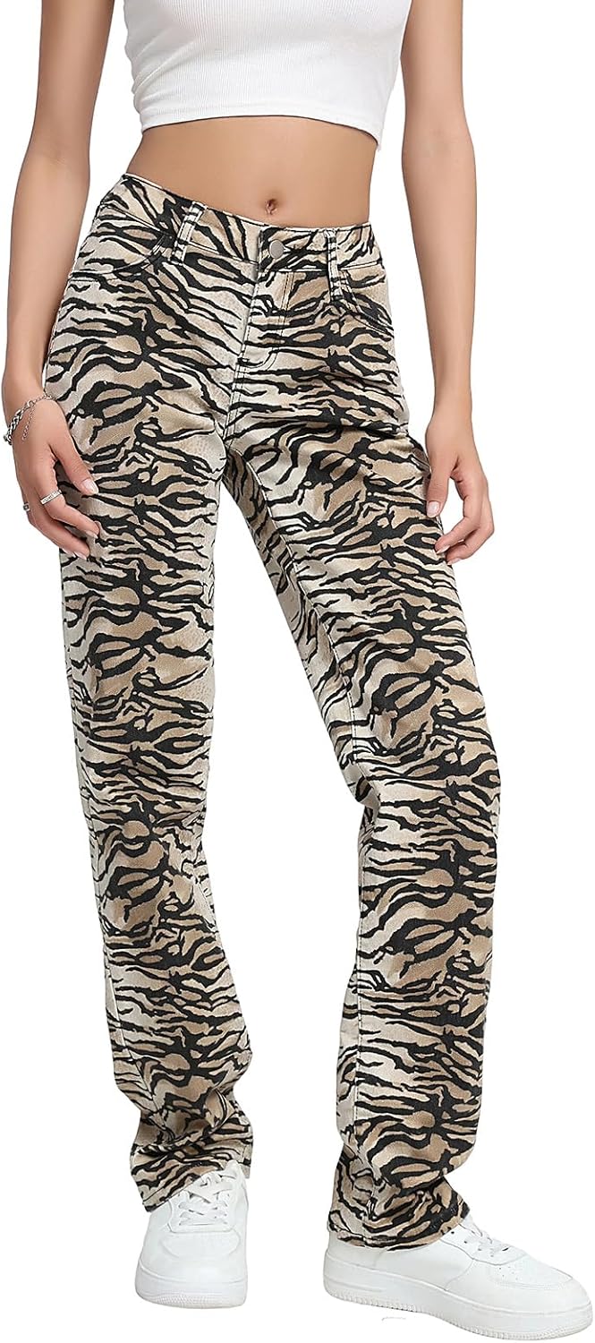 Women's Y2K Leopard Print Baggy Jeans - High Waist Loose Fit Hip Hop Vintage Denim Pants for Streetwear