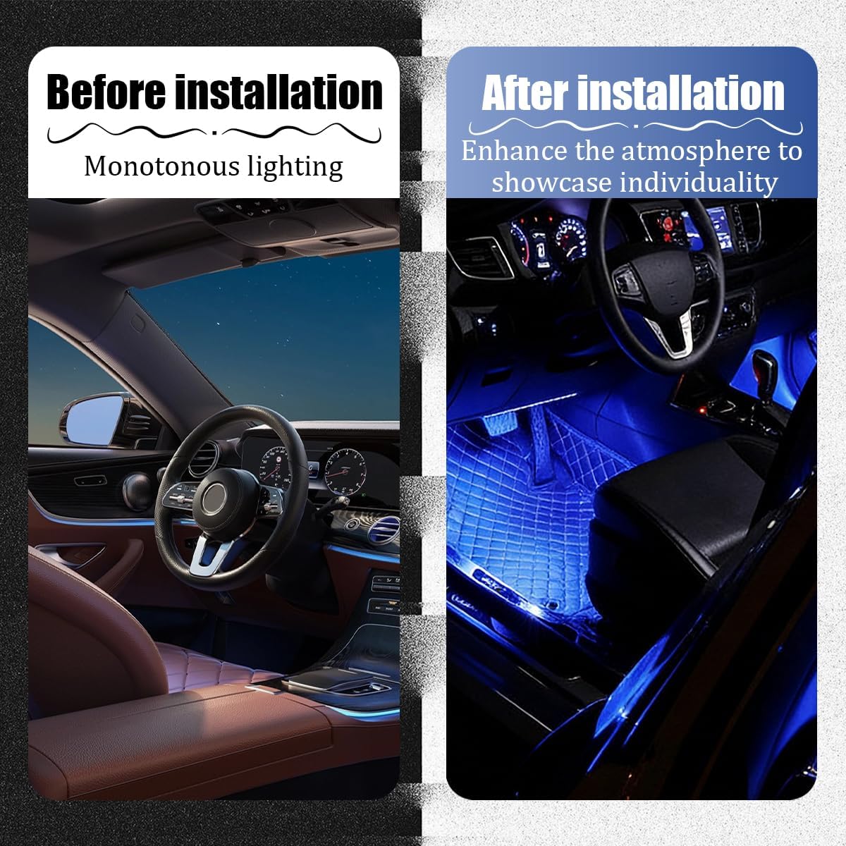 Car LED Strip Light, 12V 24 LED Vehicle Interior Atmosphere Lamps with Cigarette Lighter, Waterproof Automotive Under Dash Ambient Night Light Accessories, Universal for Most Vehicles (Blue)