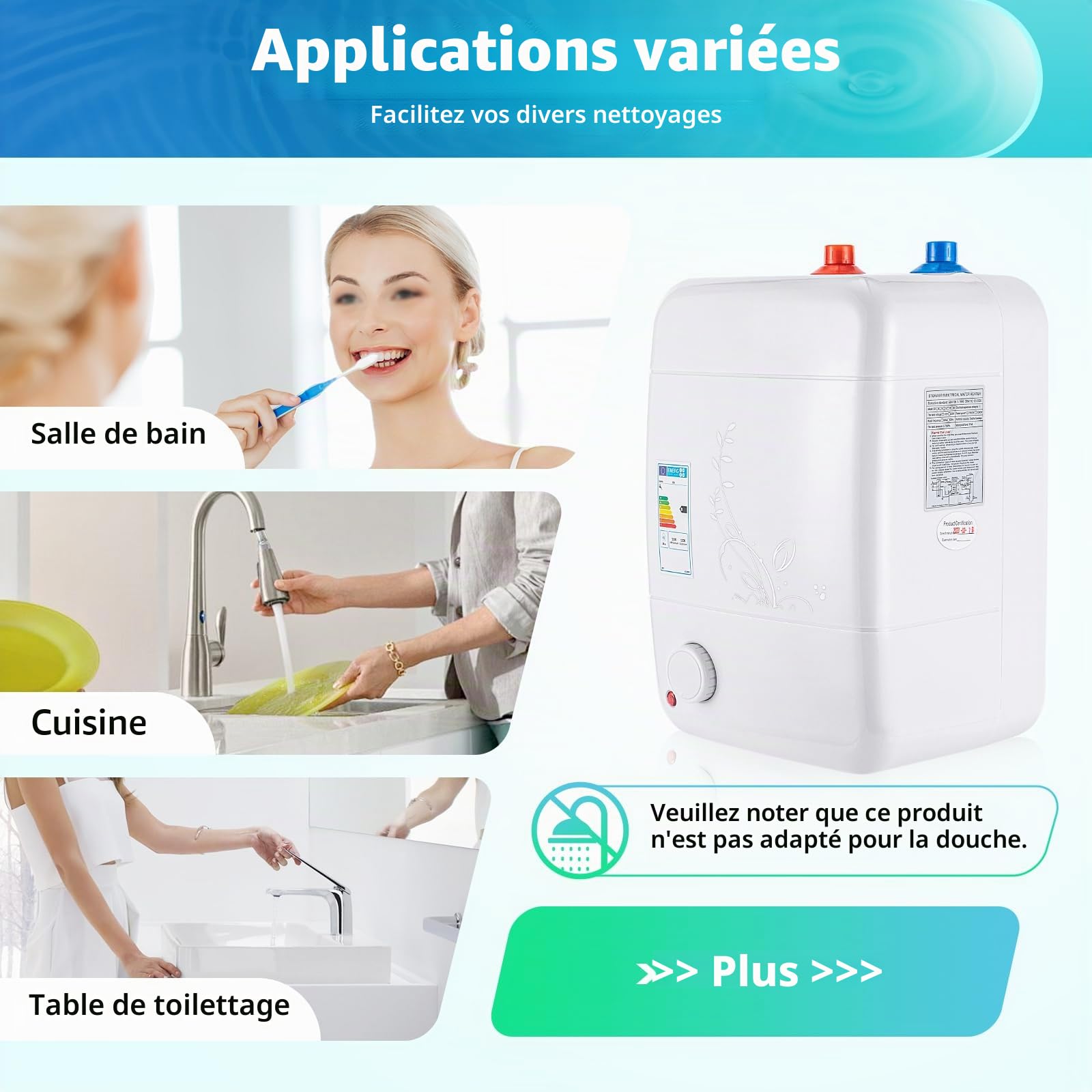 Chauffe-eau électrique résistant à la pression, 1500W, chauffe-eau sans réservoir mini pour cuisine, WC des invités, basse pression [Classe énergétique B]