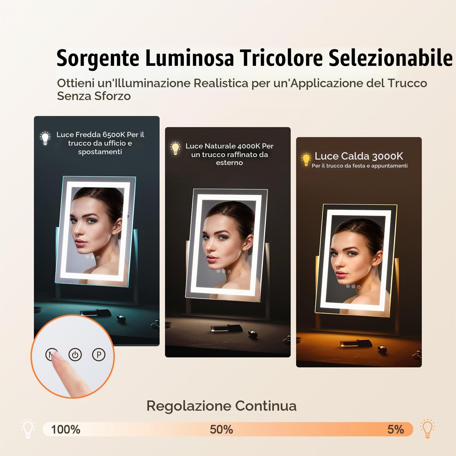 VEVOR Specchio per Trucco Illuminato con Lampadine LED Specchio per Trucco 3 Modalità di Illuminazione a Colori con Specchio Ingranditore 5X Rimovibile Controllo a Tocco Rotazione a 360°, 406x296mm