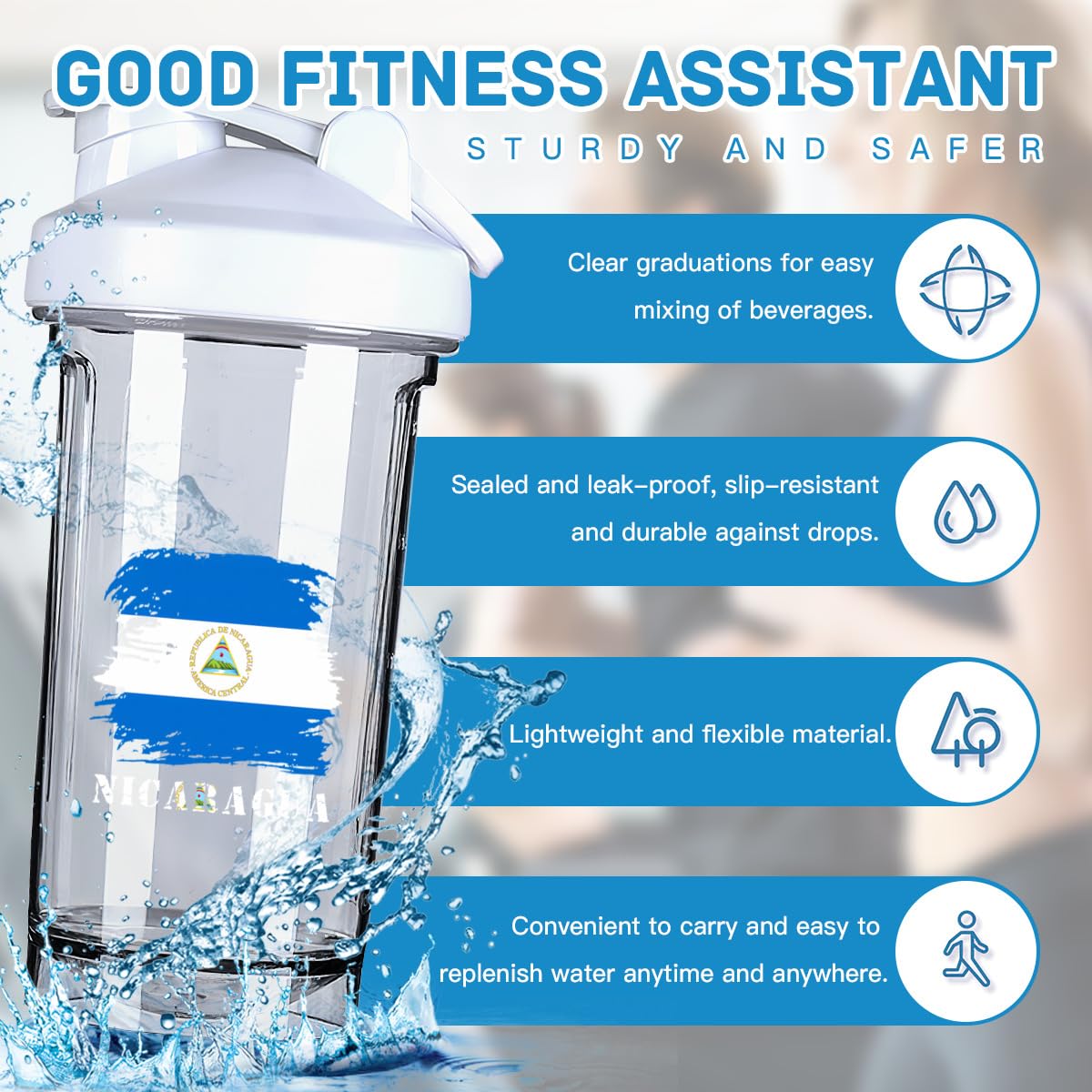 Vintage Nicaragua Nicaraguan Flag 18 Ounce Shaker Bottle Drink Mixer Leak-proof Pre Workout Protein Shakes Meal Replacement Shakes Bottles 500ML/18 Oz White&-1-1