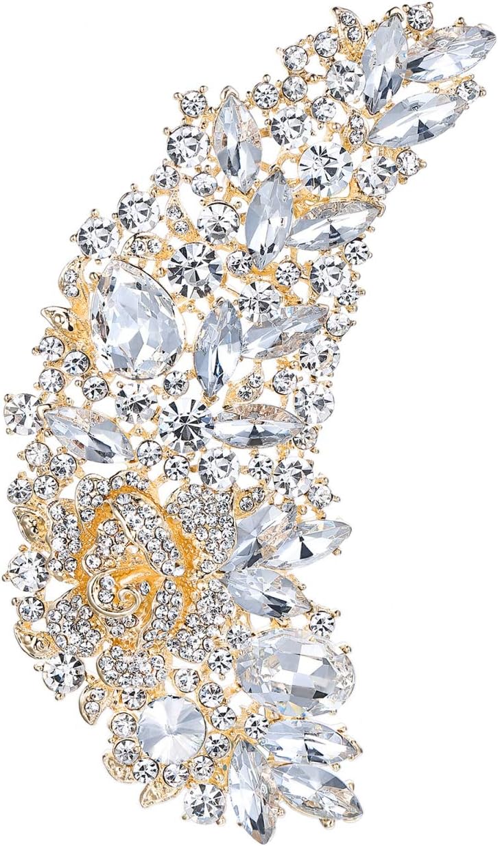 EVER FAITH 5 Inch Bridal Silver-Tone Flower Bouquet Brooch Austrian Crystal