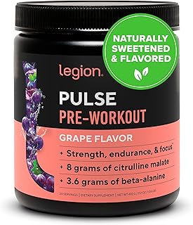 LEGION Pulse Pre Workout - All Natural Nitric Oxide Preworkout Drink to Boost Energy, Creatine Free, Naturally Sweetened, Beta Alanine, Citrulline, Alpha GPC (Grape)