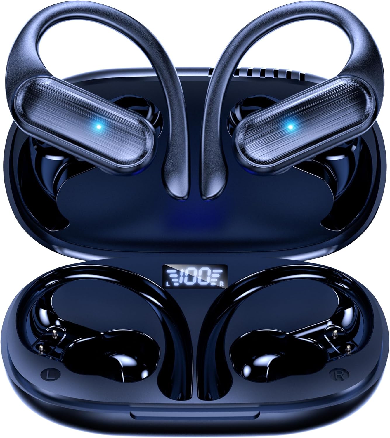 Wireless Earbuds,Bluetooth Headphones 80hrs Play Back Sport Earphones with LED Display Over-Ear Buds with Earhooks Built-in Mic IPX7 Waterproof Headset for Workout Grey -Black