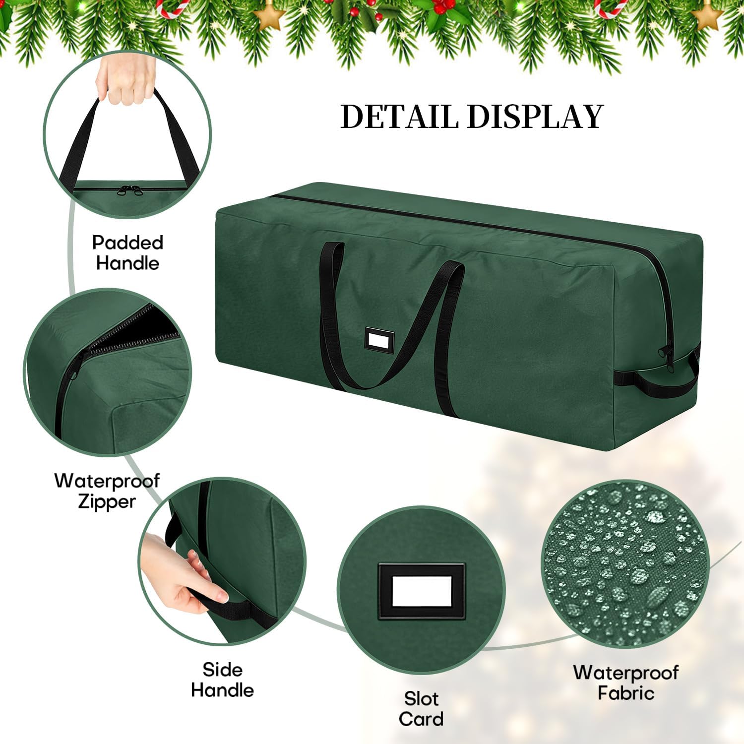 Christmas Tree Storage Bag - Fits Up to 9 Ft Large Artificial Christmas Tree, Heavy Duty 600D Oxford Cloth Xmas Tree Container with Handles & Zipper - Green