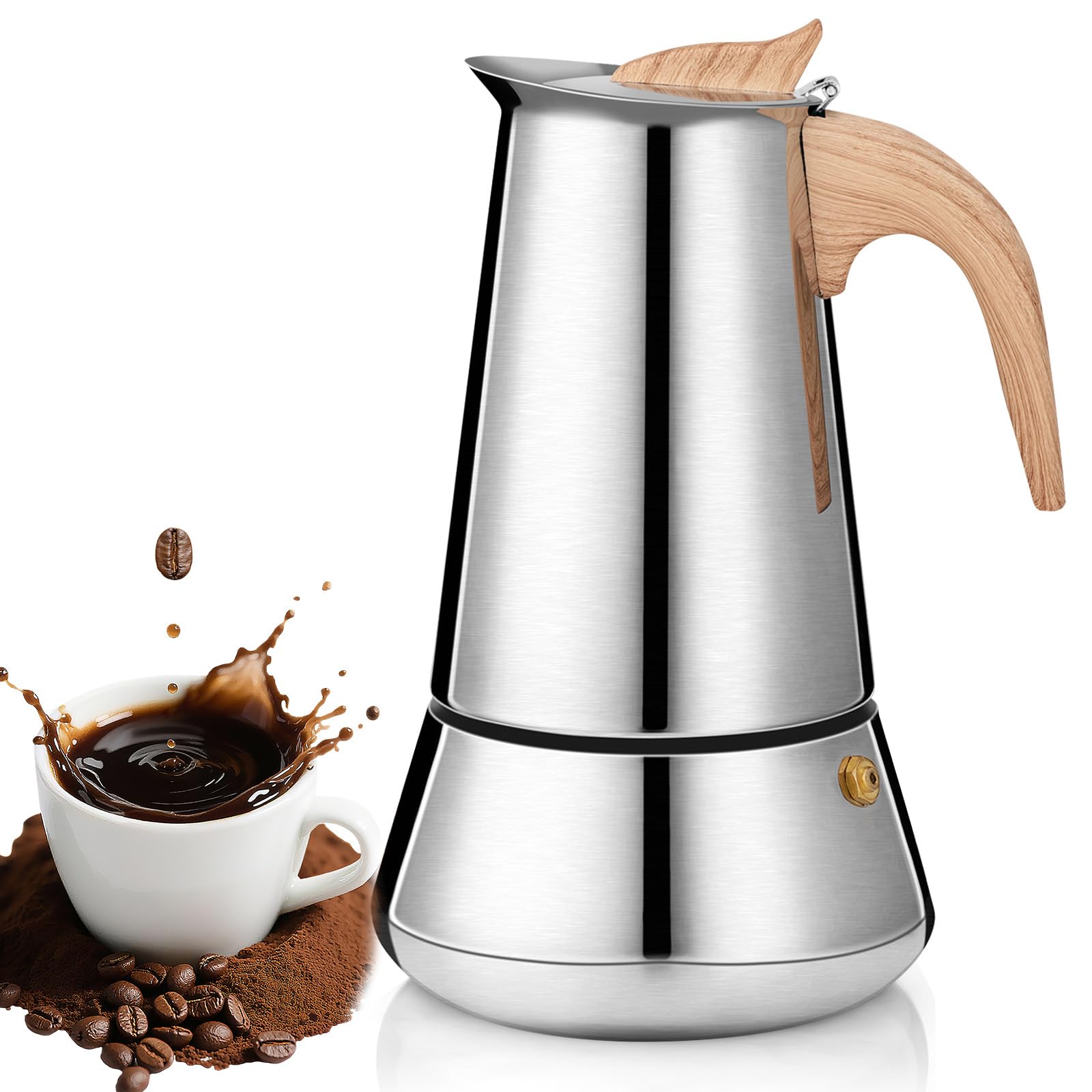 Cafetera italiana Romon de acero inoxidable con acabado espejo plata de 350ml para vitrocerámica