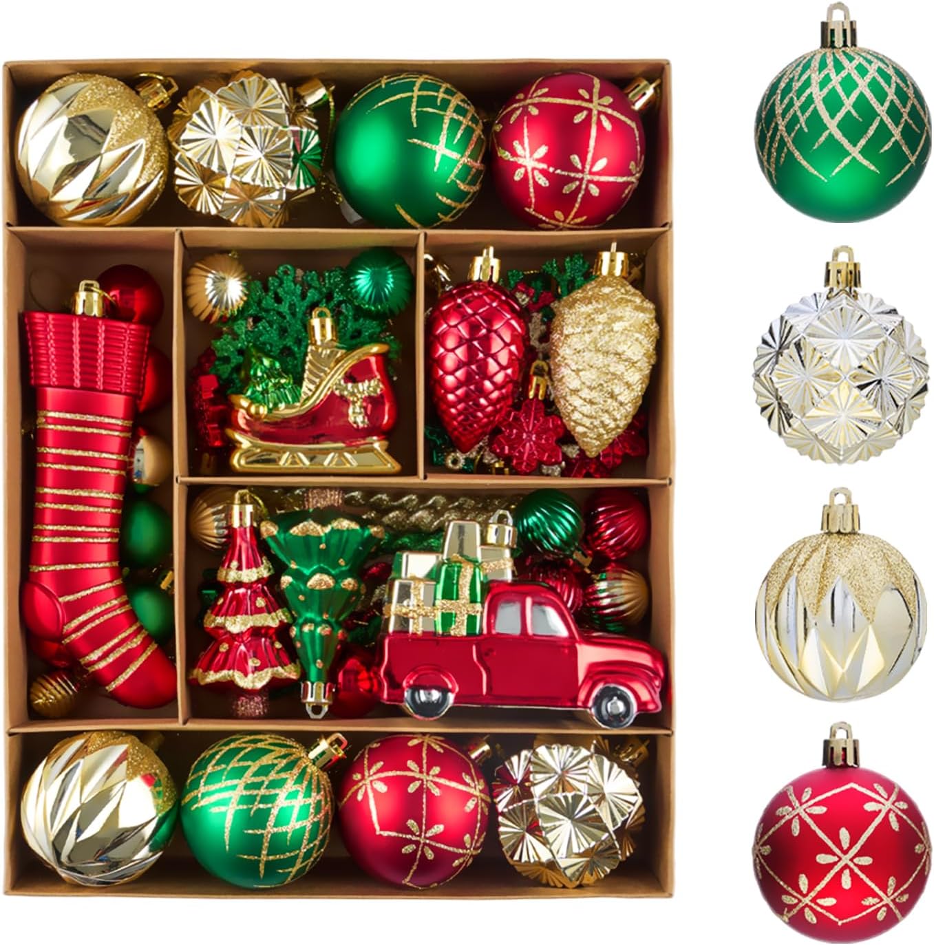 Christmas Ball Ornaments Set for Tree Decorations, 72ct Red Gold Green Classic Shatterproof Plastic Xmas Balls Decor Hanging Ornament Bulk for Holiday Wedding Birthday Party